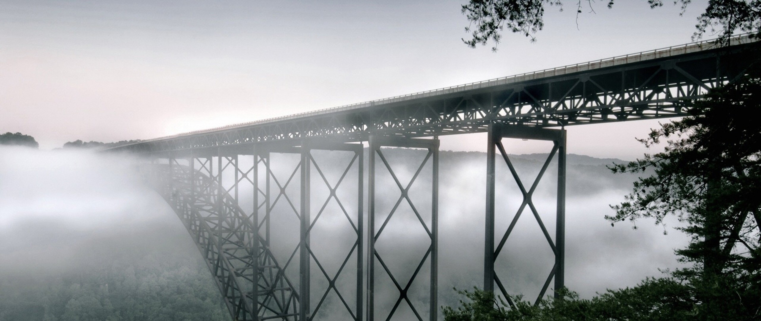 2560x1080  Wallpaper west virginia, bridge, fog, new river gorge bridge