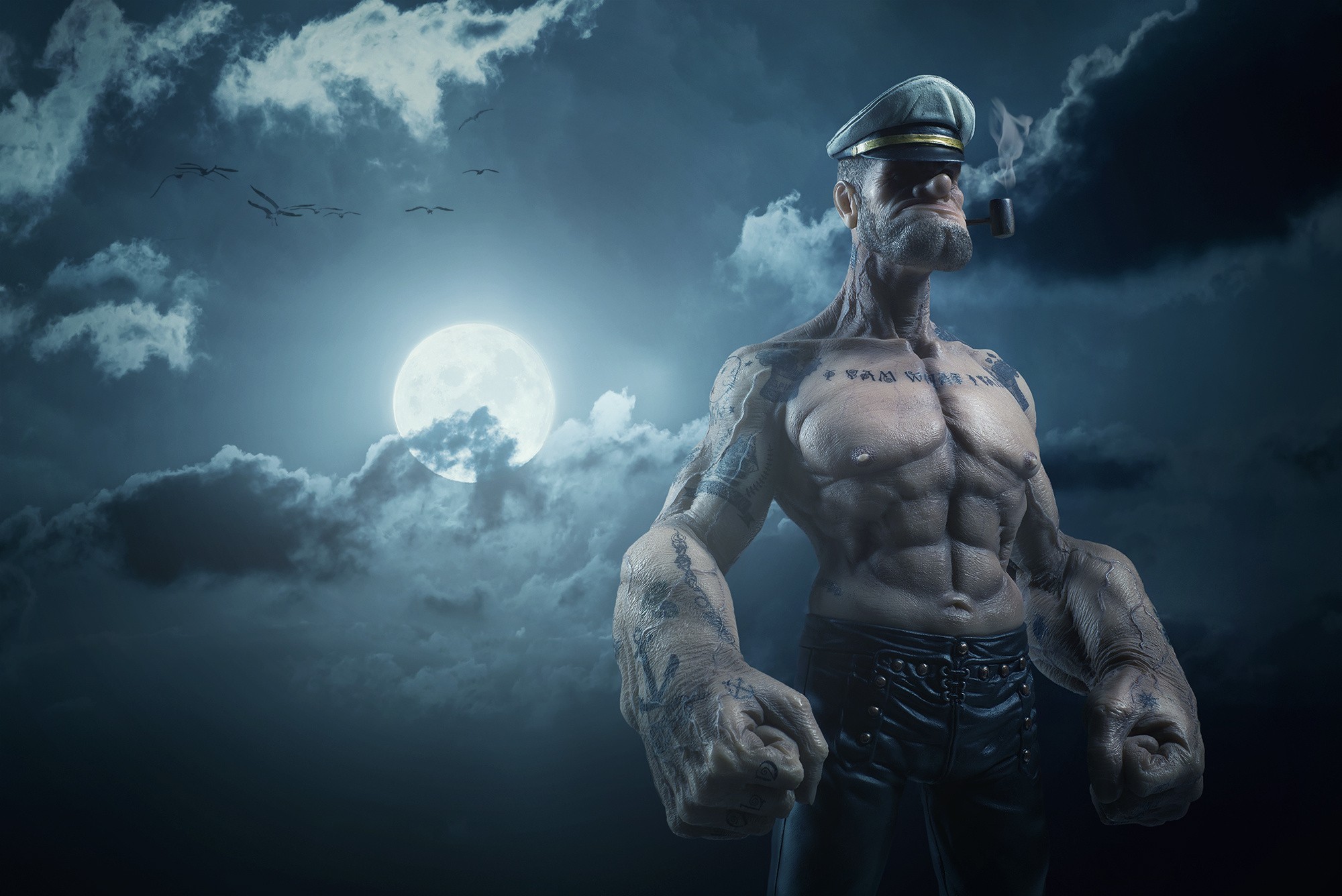 2000x1336 digital Art, Clouds, Pipes, Sailors, Sailor, Tattoo, 3D, Popeye, Moon,  Night, Realistic Wallpapers HD / Desktop and Mobile Backgrounds