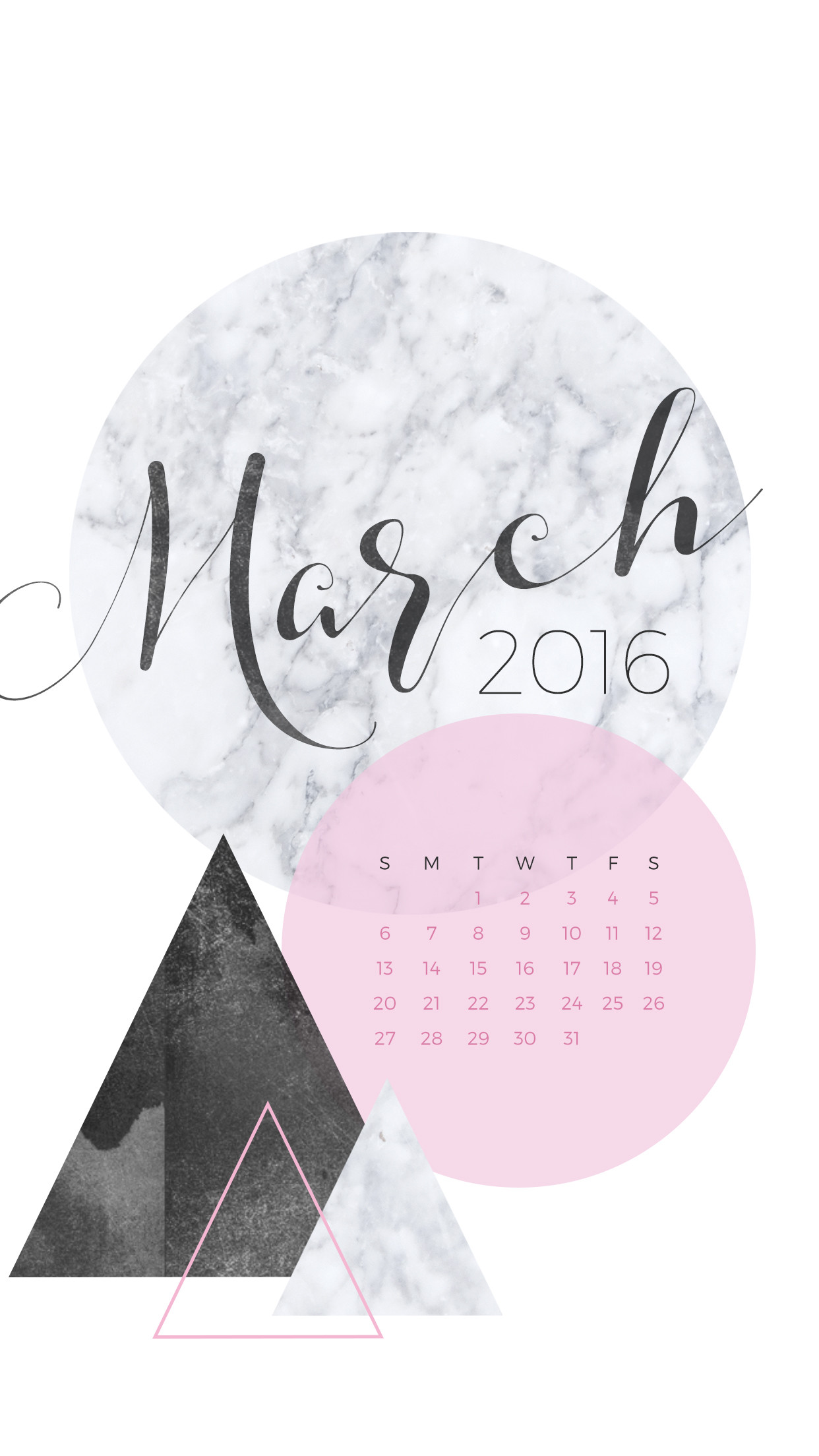 1242x2208 March 2016 Desktop Calendar Wallpaper