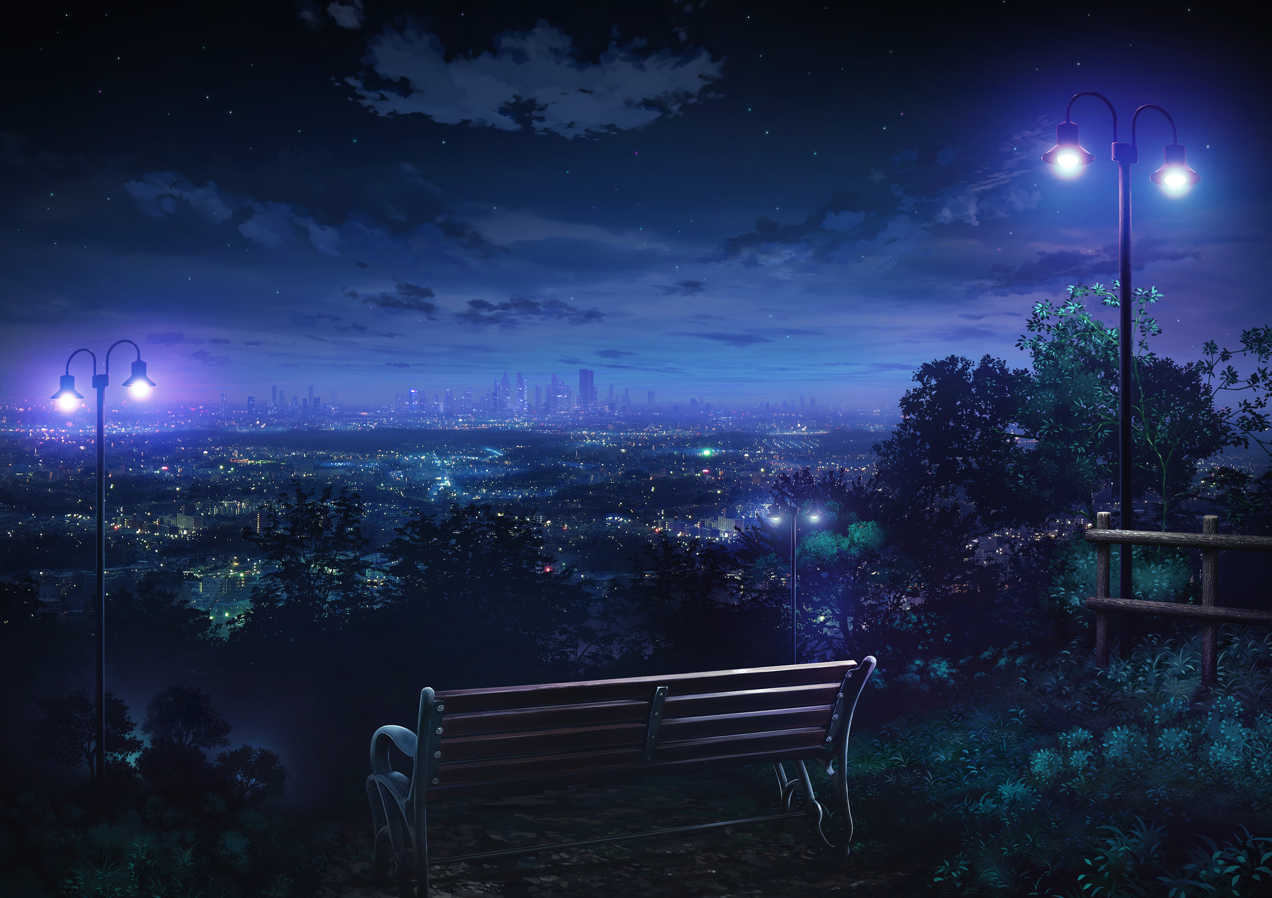 2522x1781 Anime - City Anime Night Bench Blue Street Light Wallpaper