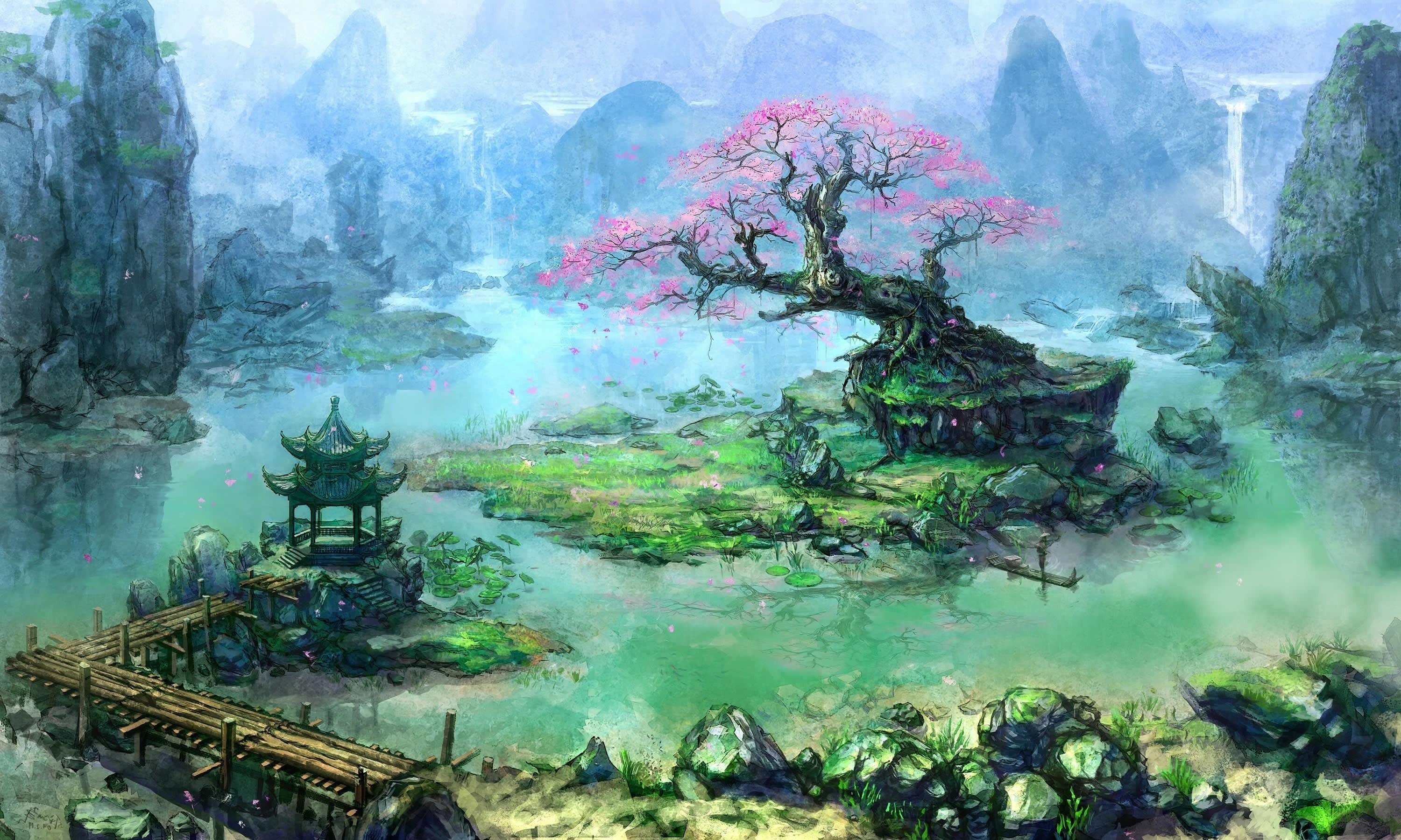 3000x1800 artwork, Fantasy Art, Trees, Asian Architecture, Bonsai, Waterfall, River,  Pier Wallpapers HD / Desktop and Mobile Backgrounds
