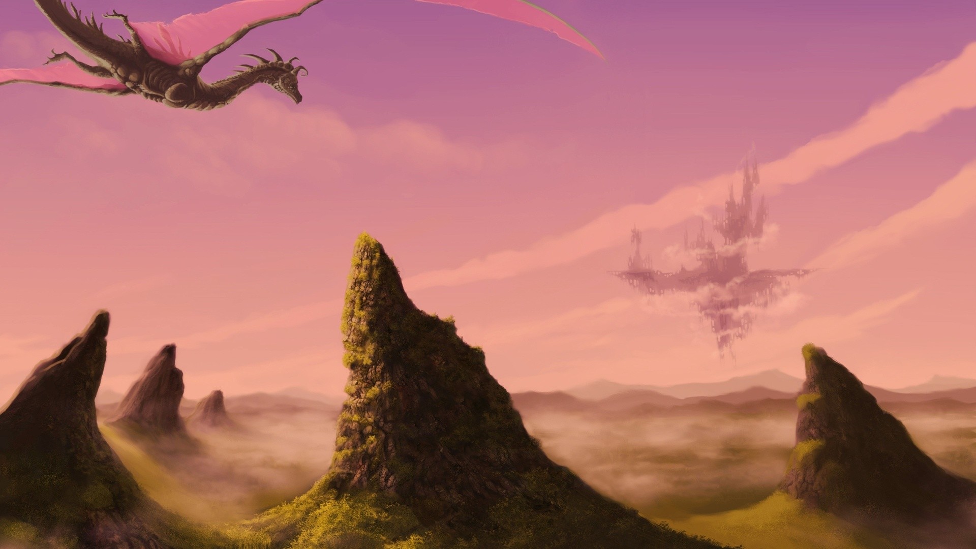 1920x1080 Beautiful Dragon Flying Over Mountains Towards The Castle Wallpaper