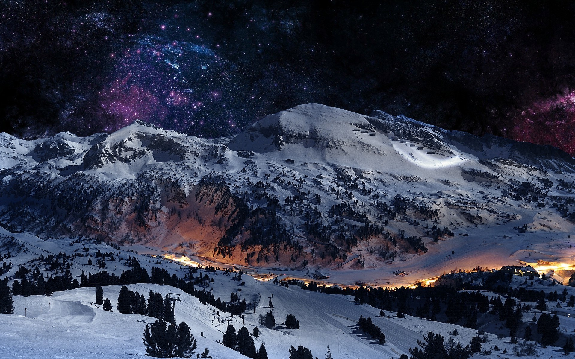 1920x1200 mountain, Space, Stars, Purple, Blue, Snow, Valley, Landscape Wallpapers HD  / Desktop and Mobile Backgrounds
