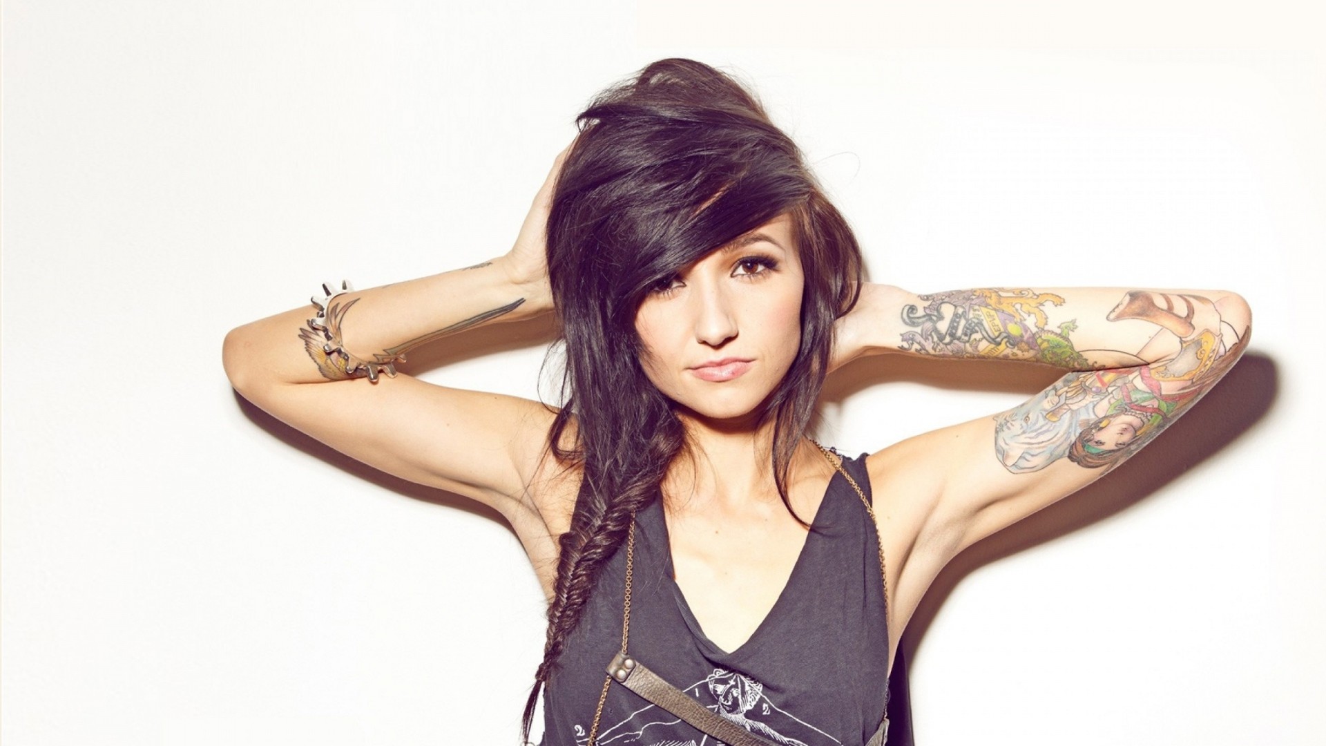1920x1080 Preview wallpaper girl, brunette, style, hand, tattoos, charm, swag  
