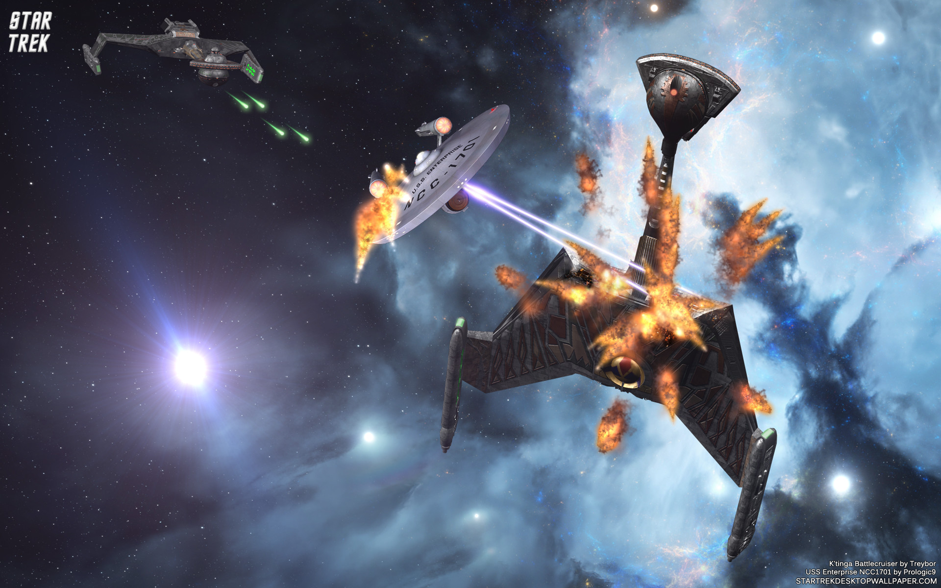 1920x1200 Star Trek Space Battle USS Enterprise 1701 Versus K'tinga Battlecruiser.  Free Star Trek