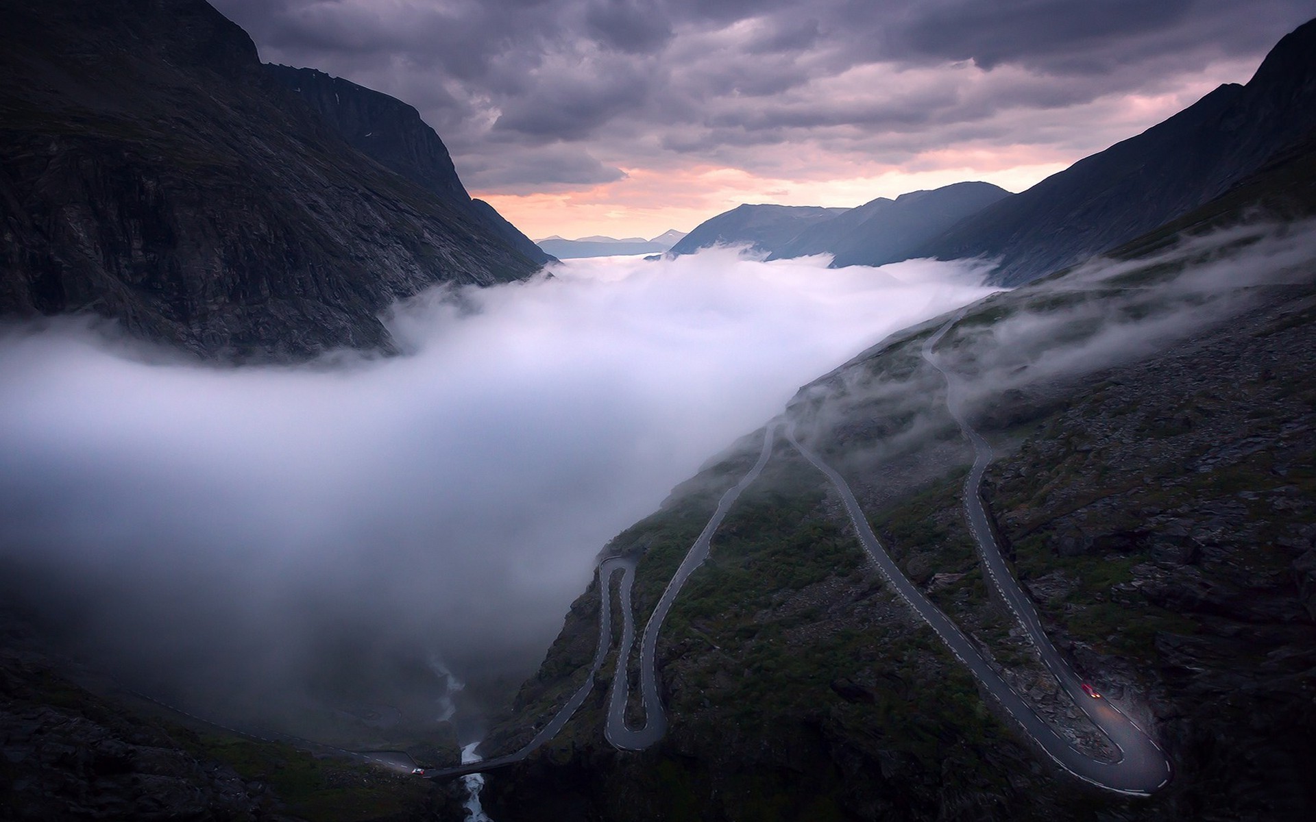 1920x1200 nature, Landscape, Road, Mist, Mountain, Clouds, Valley, River, Sunrise, Norway  Wallpapers HD / Desktop and Mobile Backgrounds