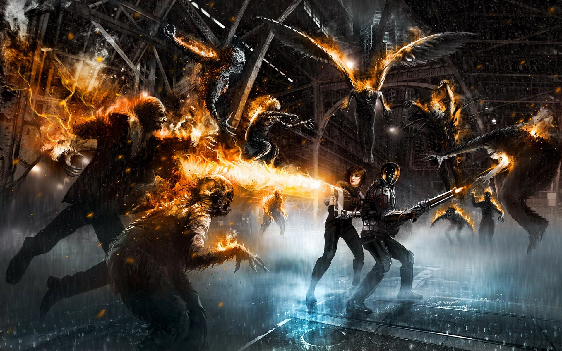 1920x1200 Fantasy zombie fight in rain wallpaper from Zombie wallpapers