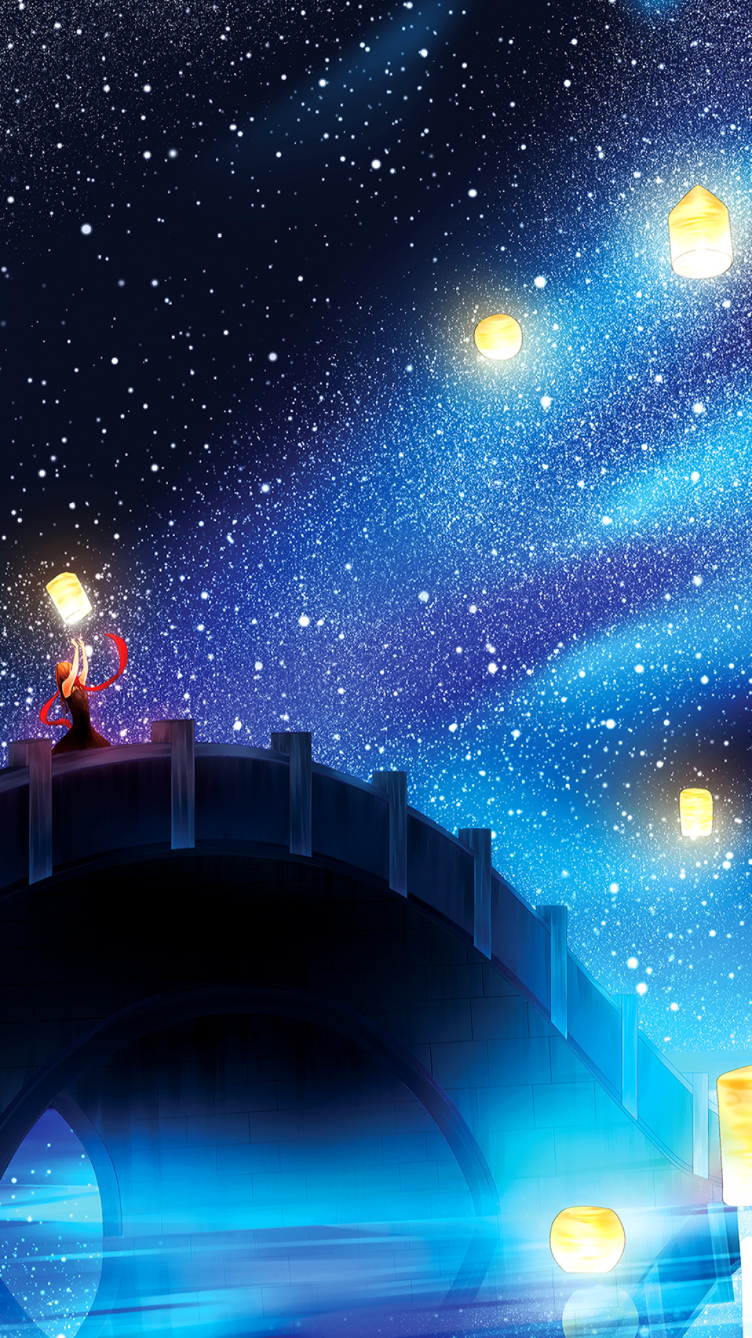 1080x1920 Anime Landscape, Lantern, Stars, Bridge