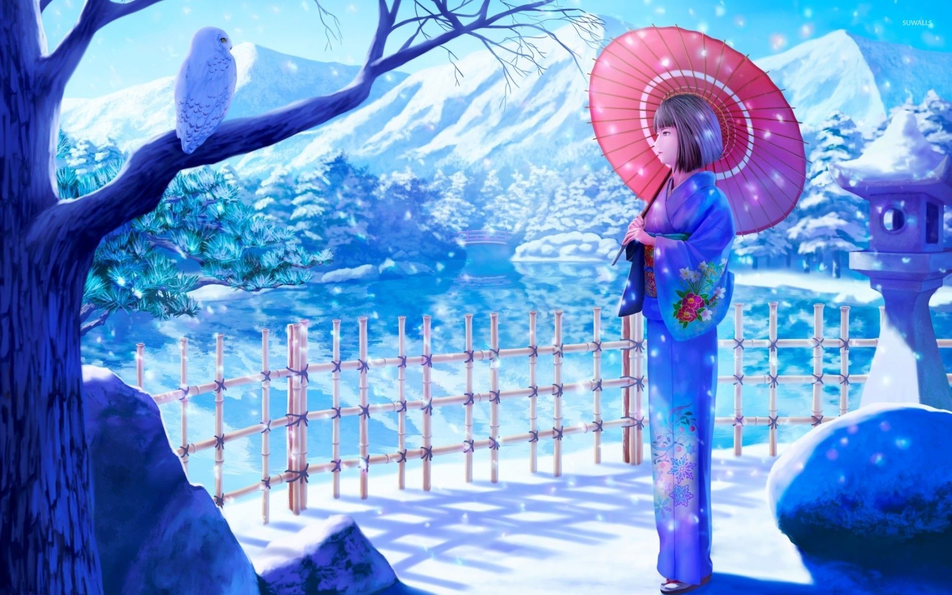 1920x1200 Geisha with a red umbrella on a beautiful winter day wallpaper