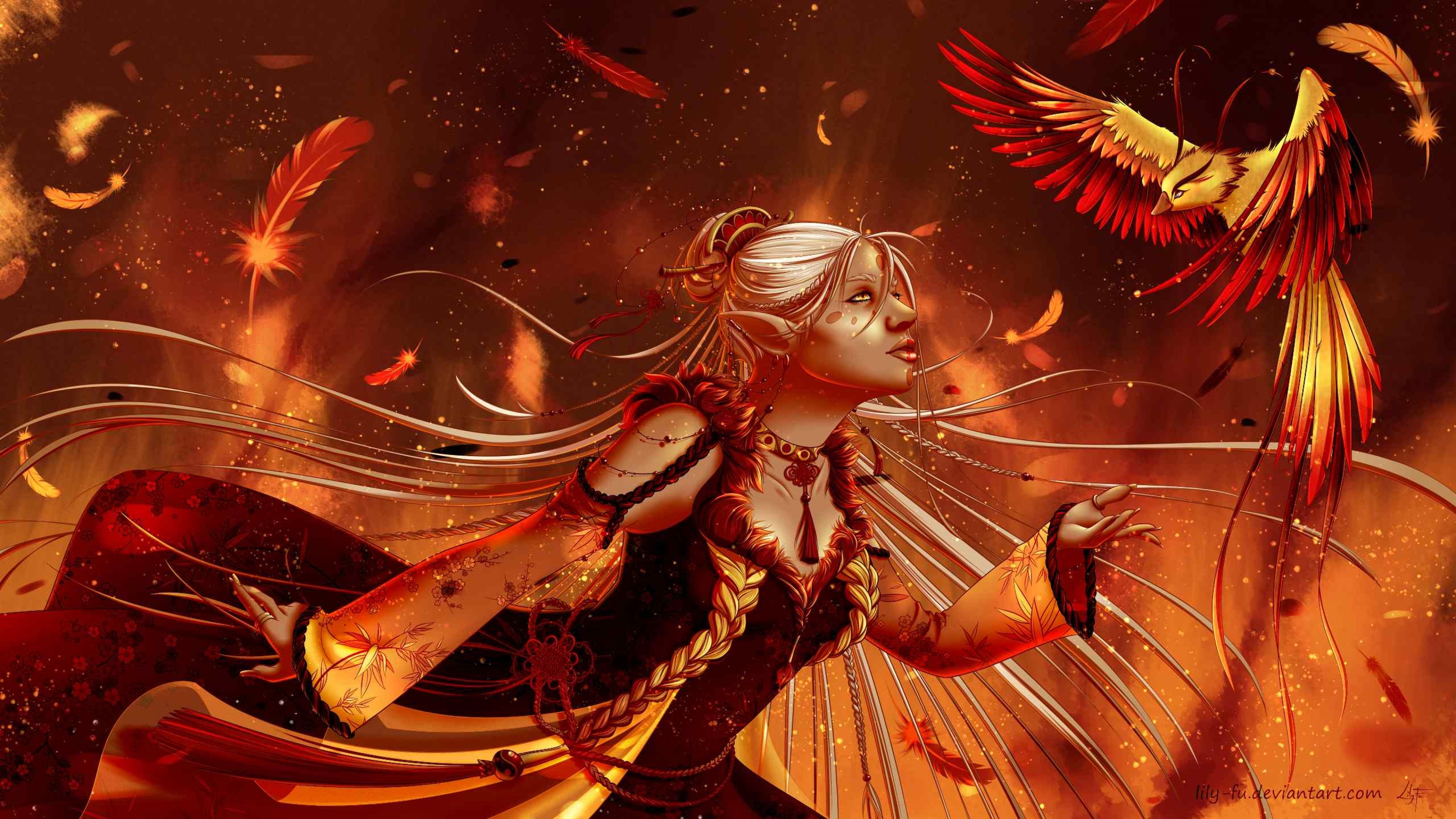 3840x2160  Wallpaper phoenix, girl, elf, fantasy, bird