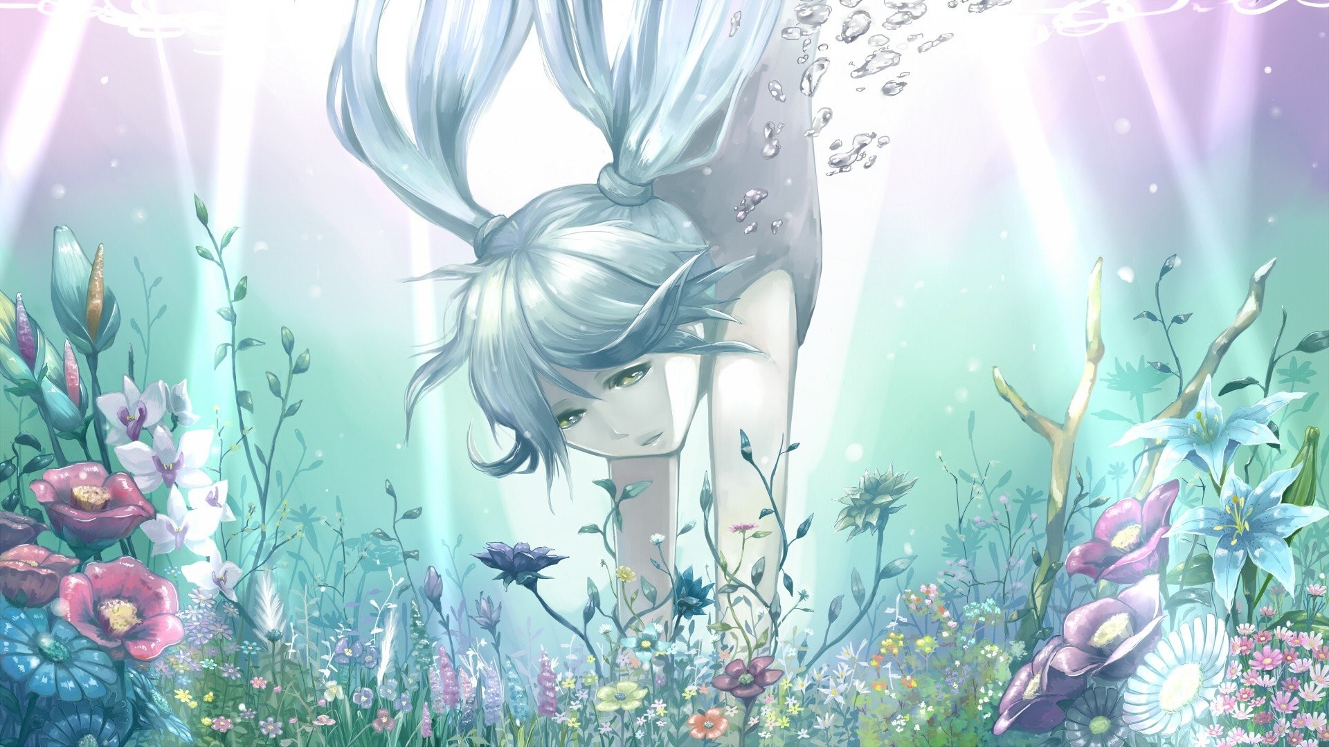 1920x1080 Anime Girls Aqua Hair Bangs Bare Shoulders Blue Bubbles Dress Flowers Gray  Green Eyes Ornaments Hatsune Miku Long Nature Plants Twintails Underwater  ...