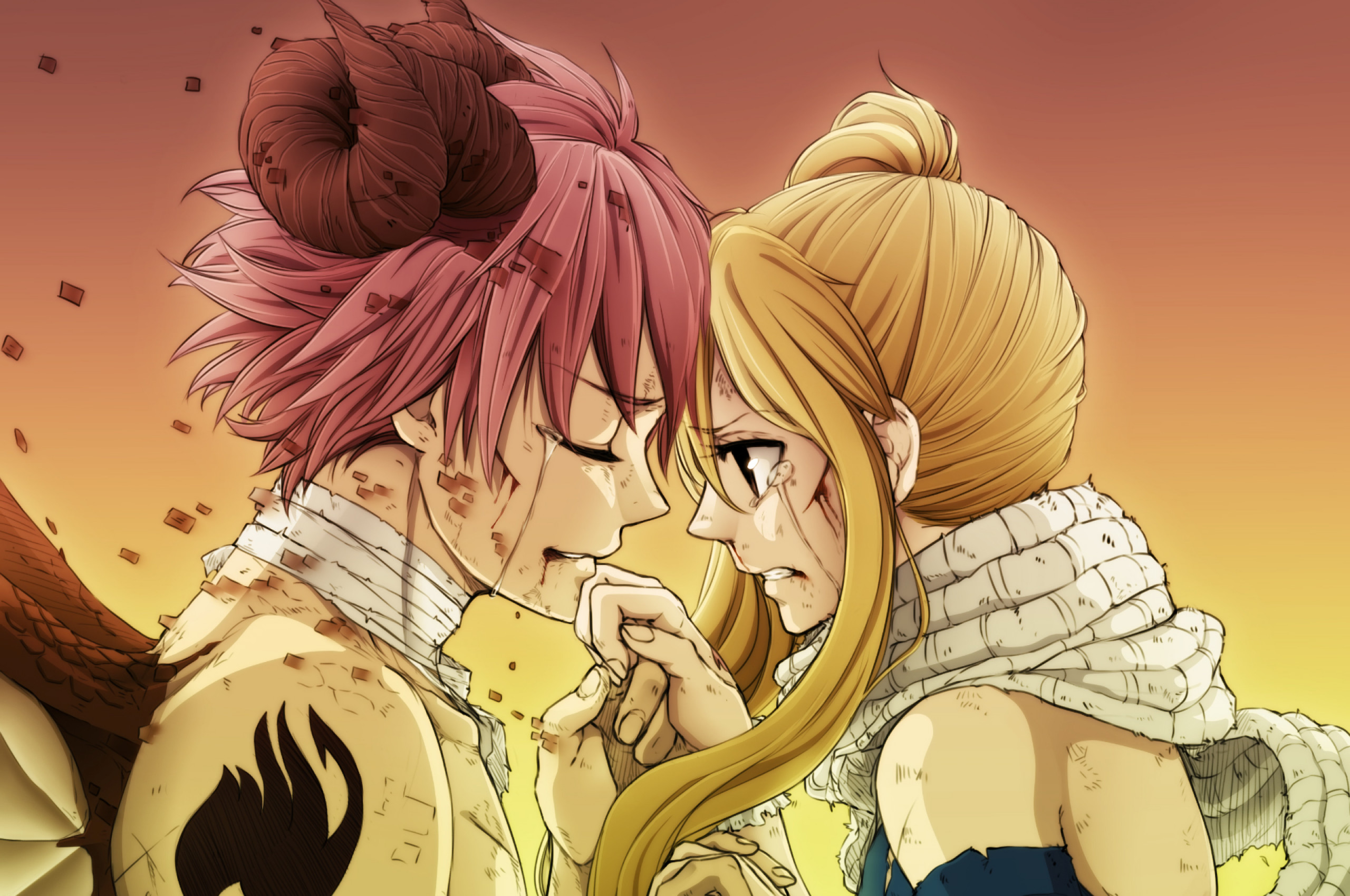 2560x1700 Natsu X Lucy, Fairy Tail, Tears, Scarf, After Fight