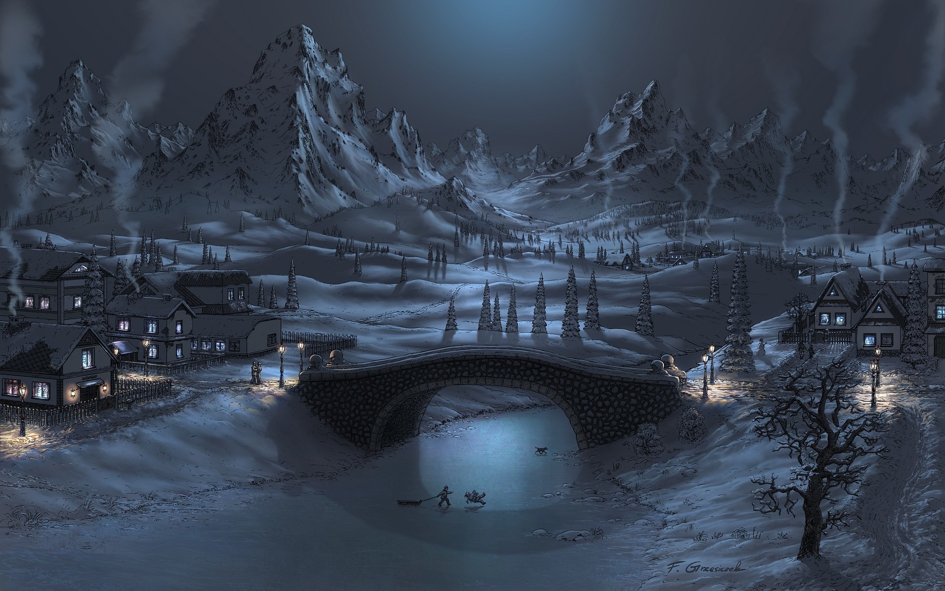 1920x1200 Mountains winter snow night bridges artwork fel-x wallpaper background
