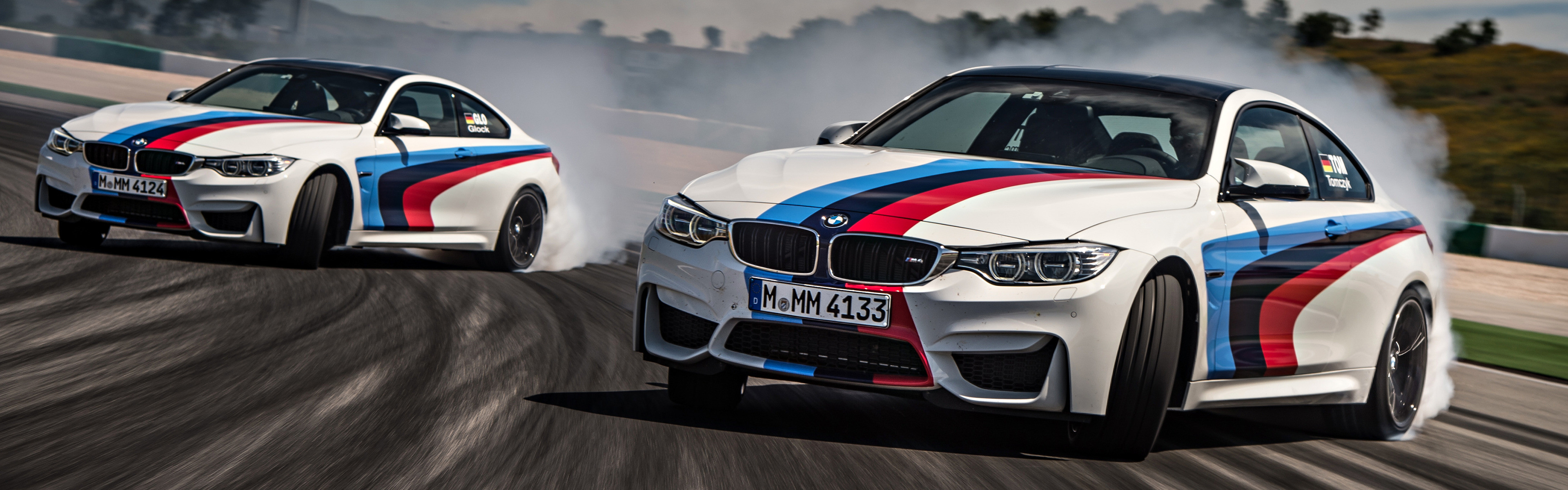 3840x1200 bmw m4 race tracks drifting car vehicle motion blur smoke wallpaper and  background