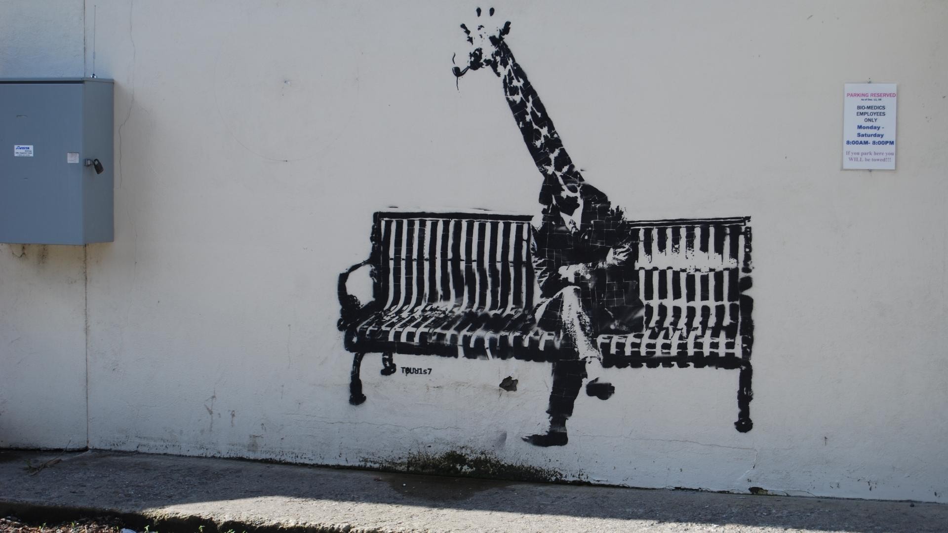 1920x1080 General  artwork animals graffiti wall Banksy bench sitting legs  giraffes shadow street art