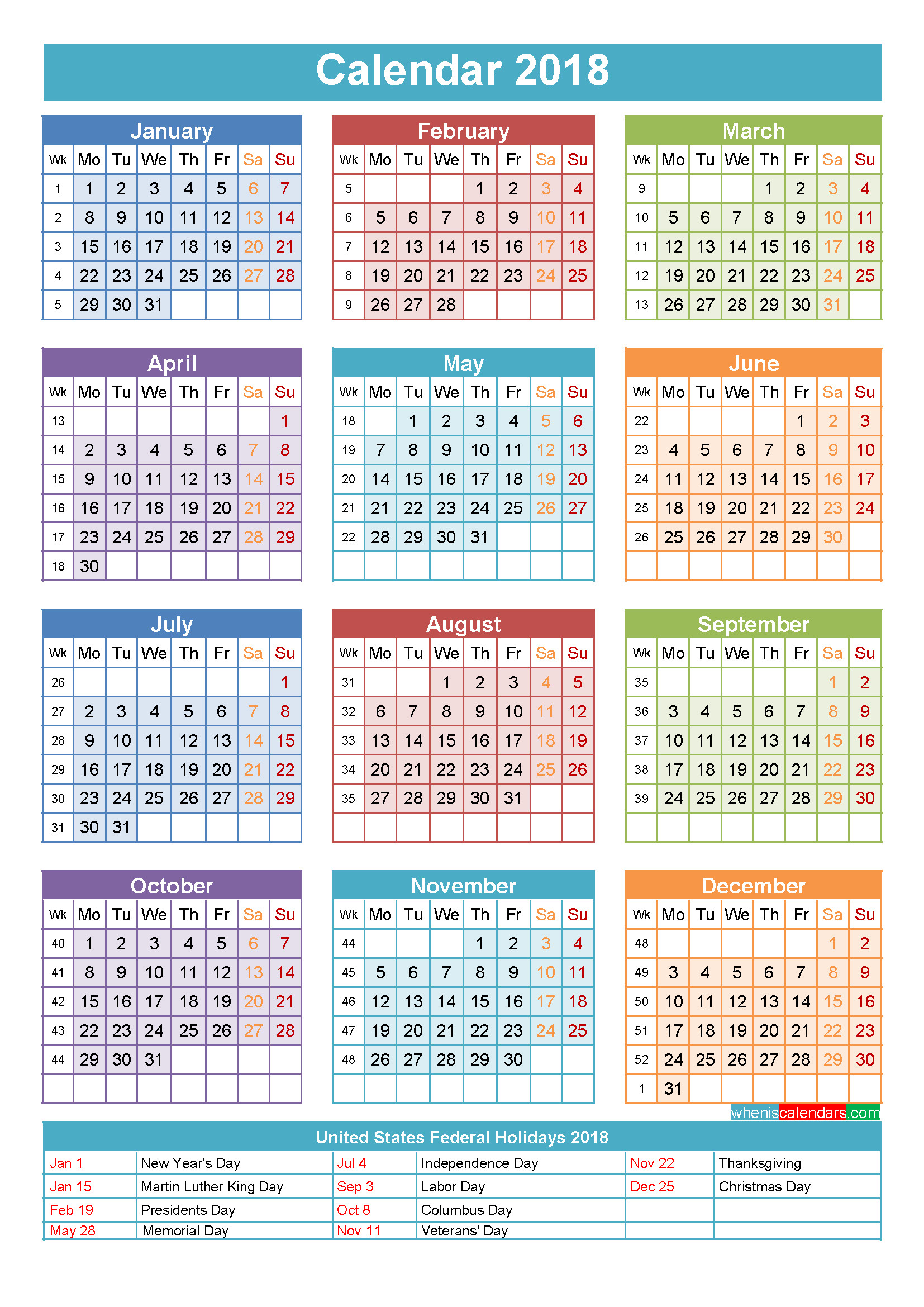 1654x2339 2018 Calendar with Holidays Printable