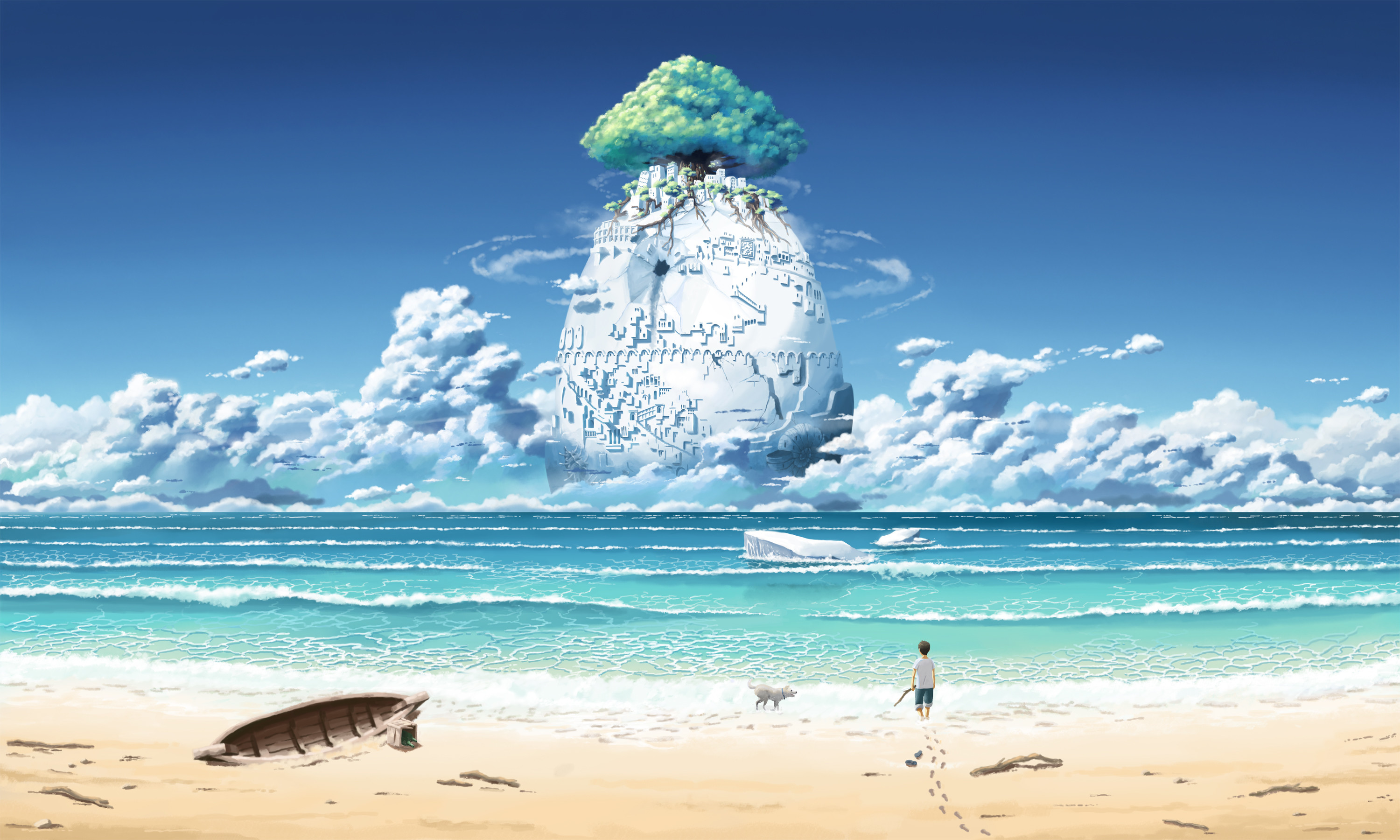3000x1800 Fantastic world Sea Coast Beach Clouds Fantasy island wallpaper