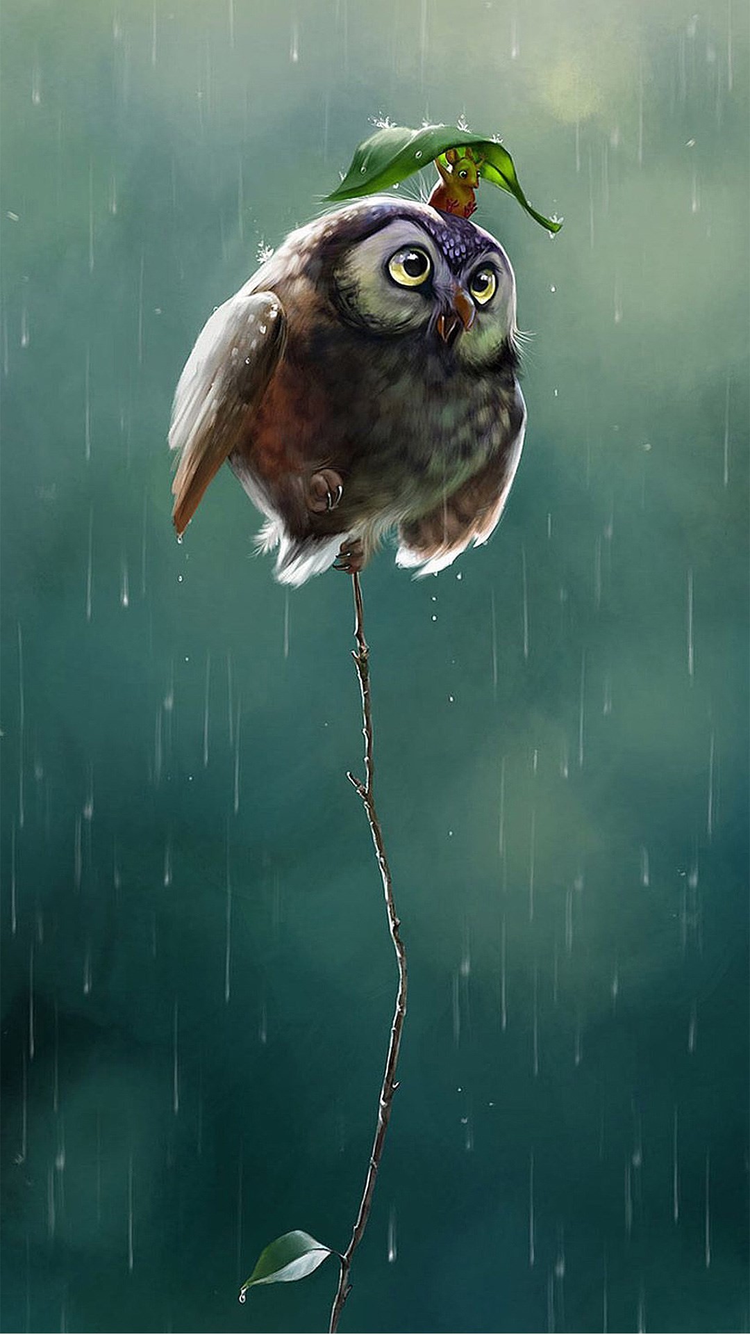 1080x1920 Cute Owl Flying High Rainy Day Covering Leaf iPhone 6 wallpaper