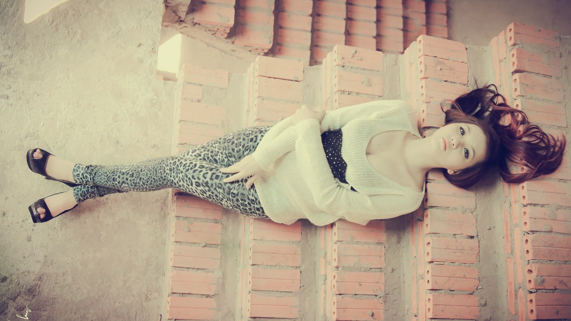 1920x1080  Wallpaper girl, model, style, shoes, leggings, blouse, brick,