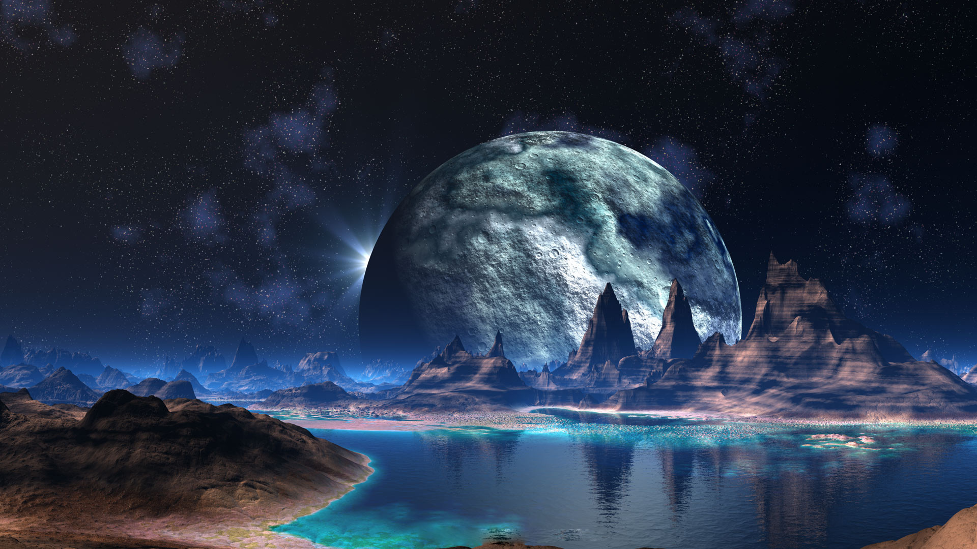 1920x1080 giant moon lake. 3D Photos backgrounds.