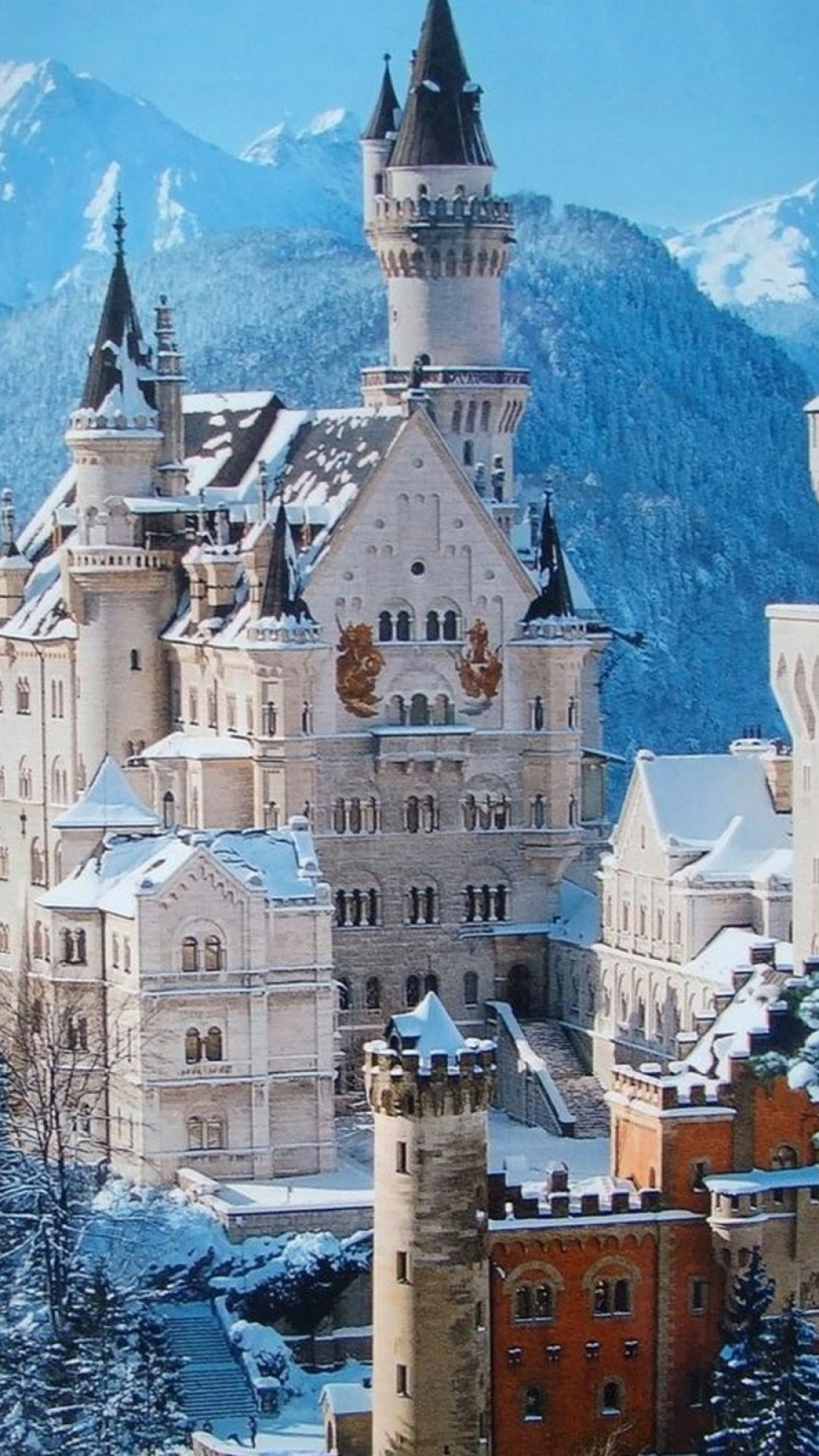 2160x3840  Wallpaper castle, snow, mountains, winter, pretty