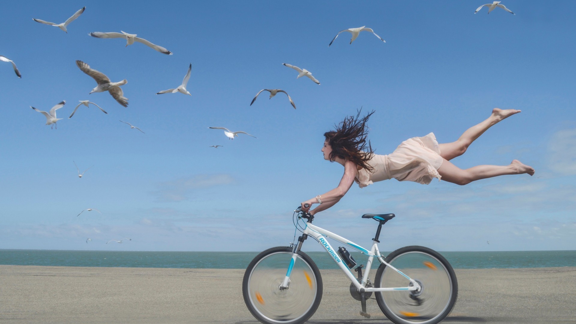 1920x1080 women bicycle beach birds photo manipulation