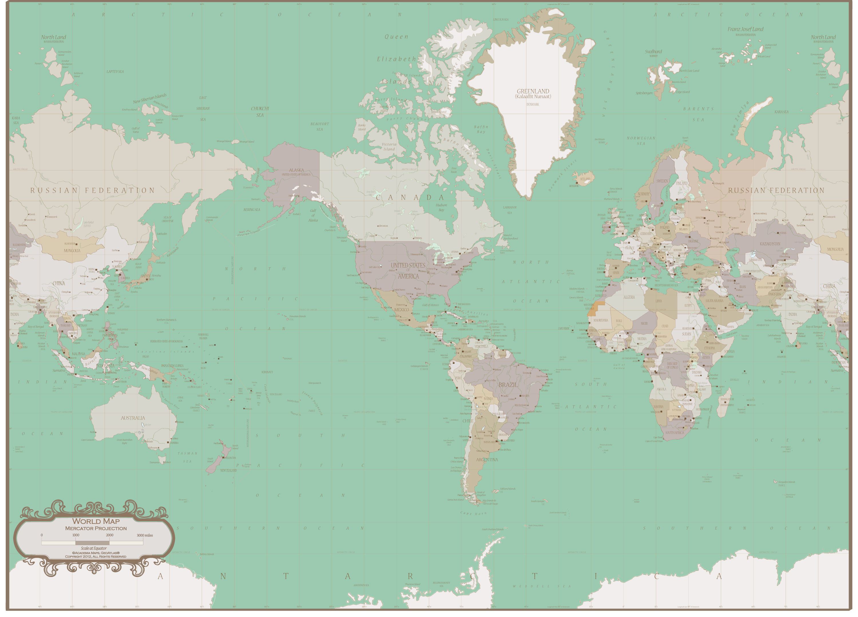 2999x2159 World map - Verdigris Colors Wall Map