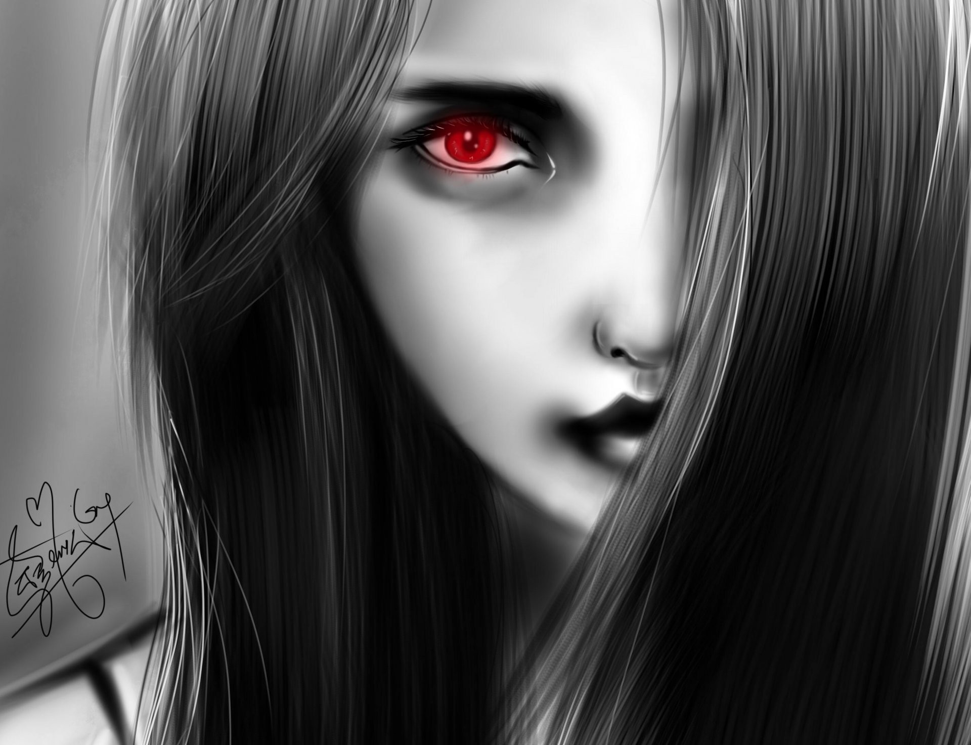 1920x1473 picture girl face hair red eye monochrome black and white