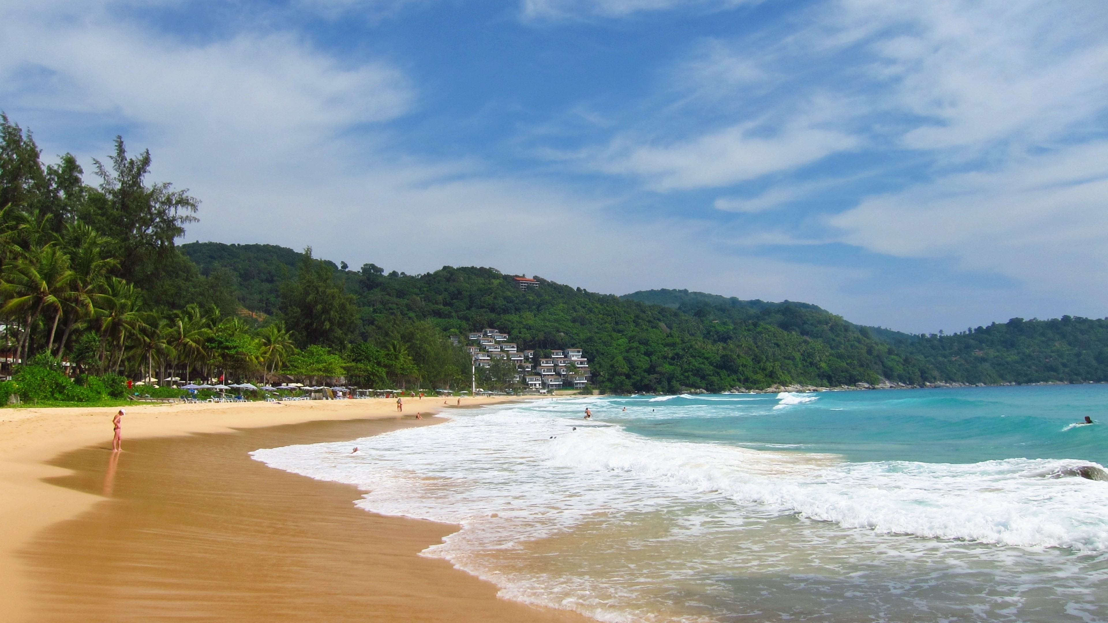 3840x2160  Wallpaper beach, tropics, sea, sand, palm trees, surf