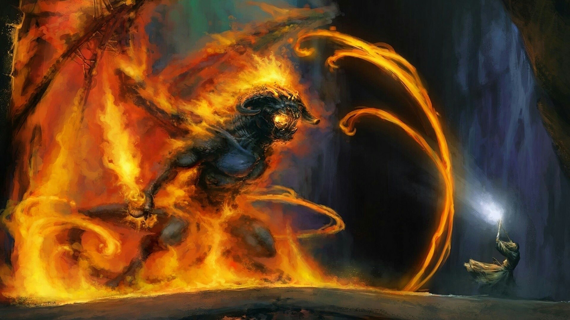 1920x1080 Balrog Gandalf fire fantasy art artwork The Mines of Moria wallpaper