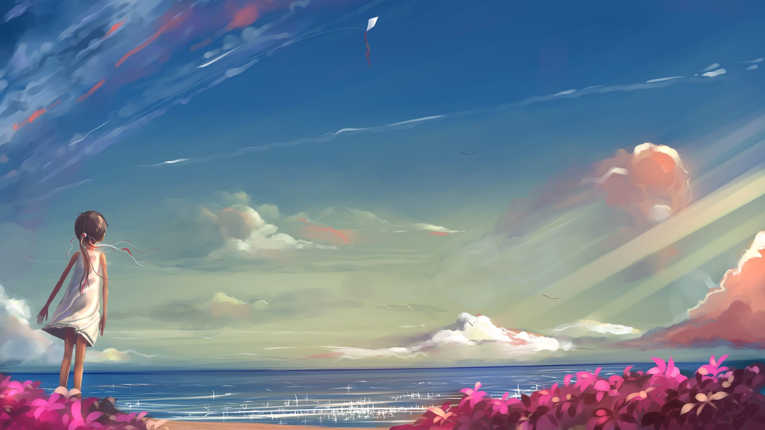2560x1440 Kite Ocean Beach Child original sky flowers girl wallpaper background