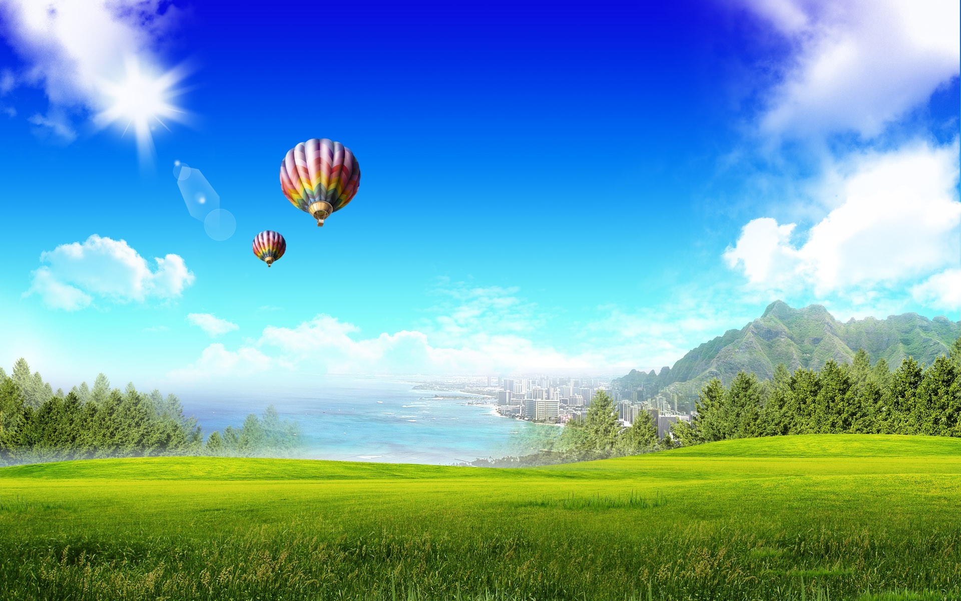 1920x1200  Wallpaper serenity, city, balloon, forest, reflection