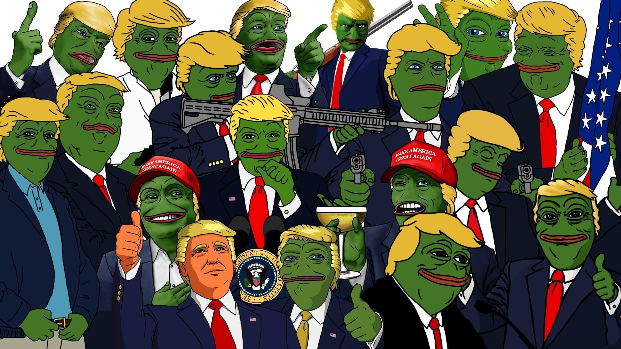 2000x1125 illustration gun cartoon Donald Trump memes USA Pepe meme comics North  America politics freedom Sadfrog Kek