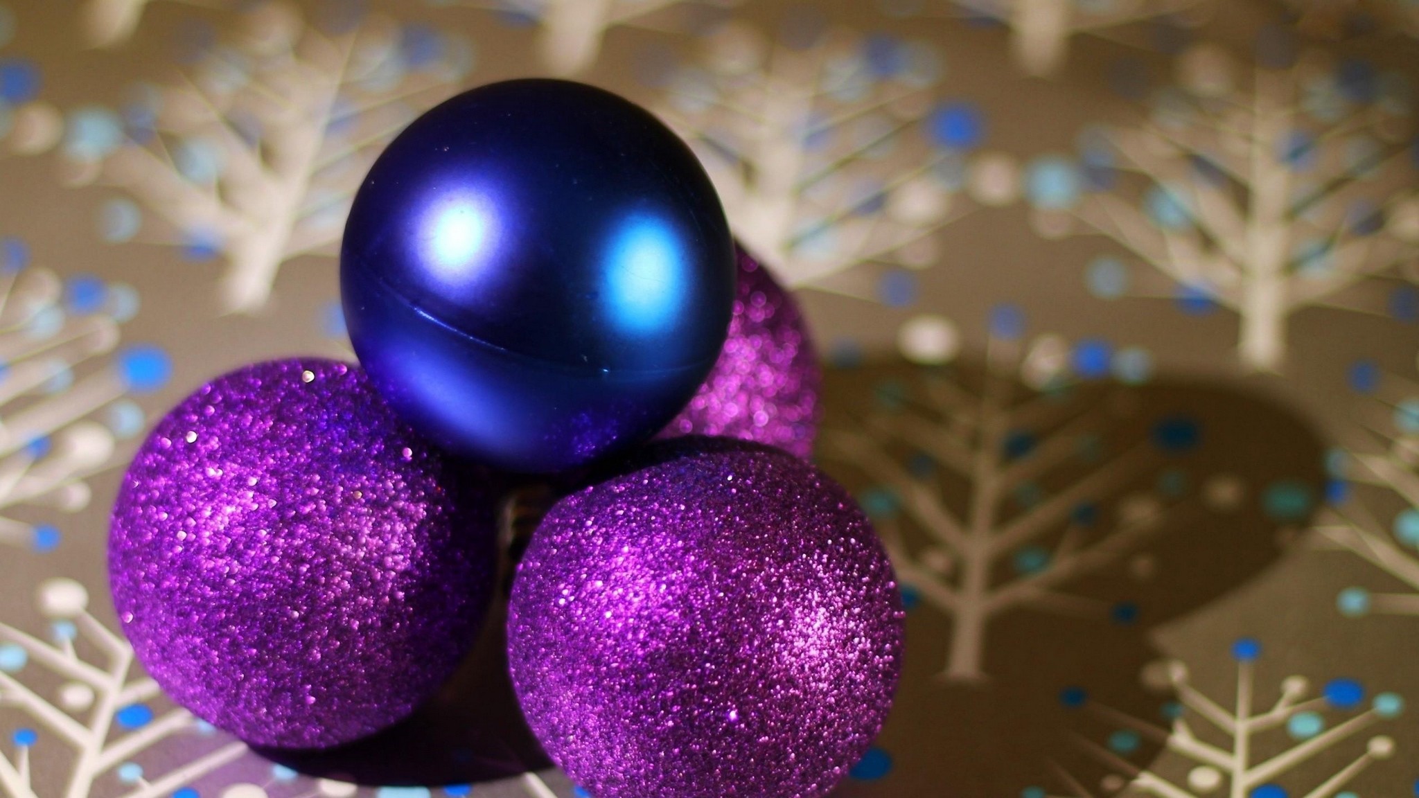 2048x1152  Wallpaper christmas decorations, balls, sequins, surface, shadow