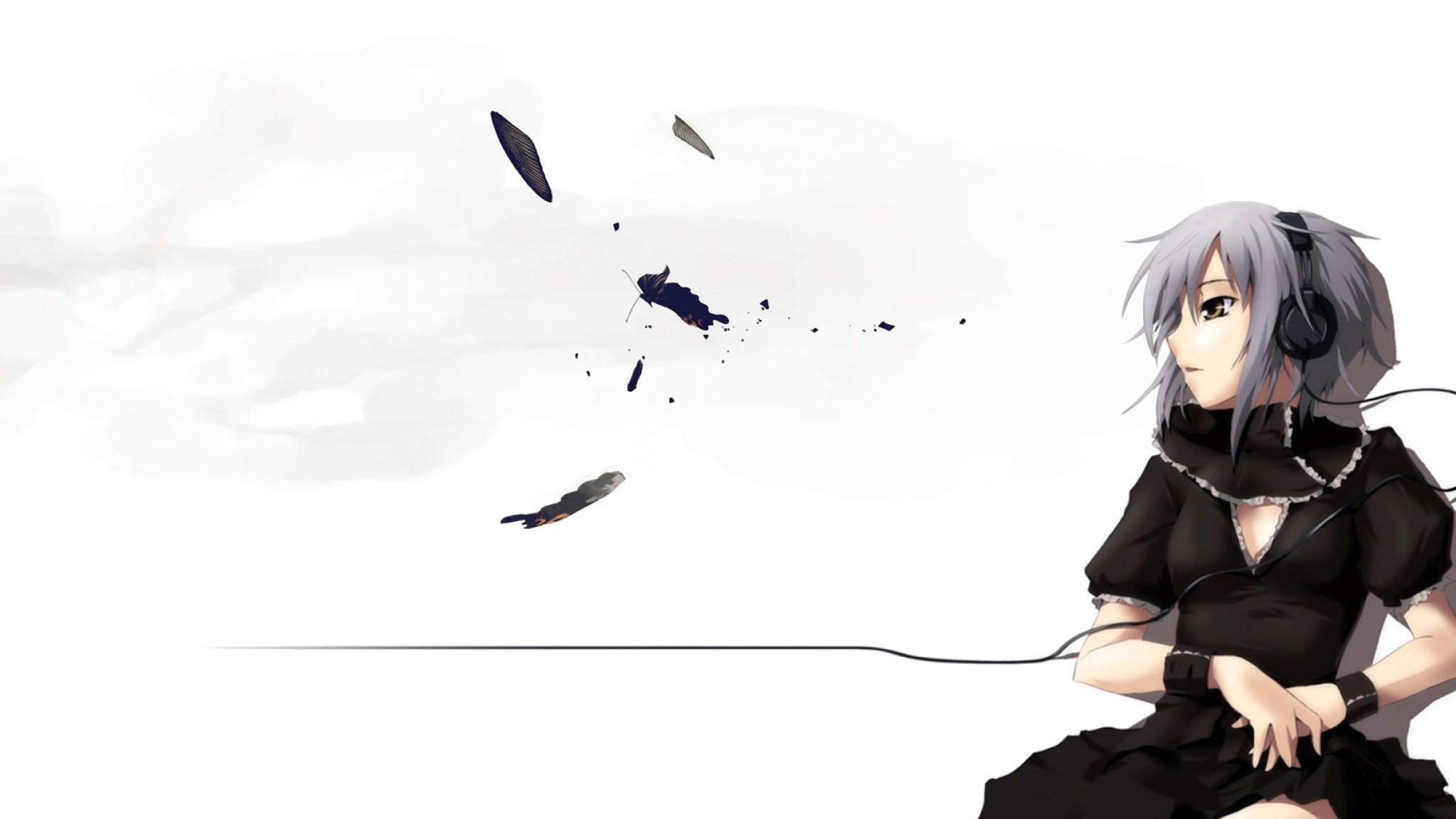 2048x1152  Wallpaper anime, girl, headphones, cables, background, pose