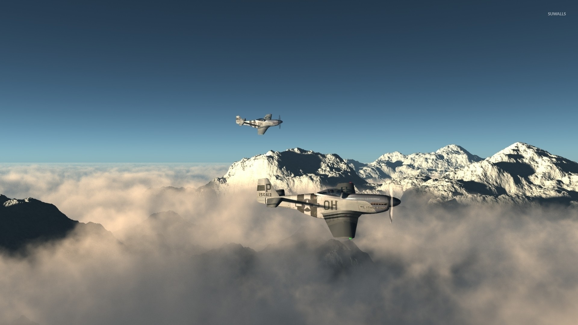 1920x1080 North American P-51 Mustang above the foggy mountain peaks wallpaper