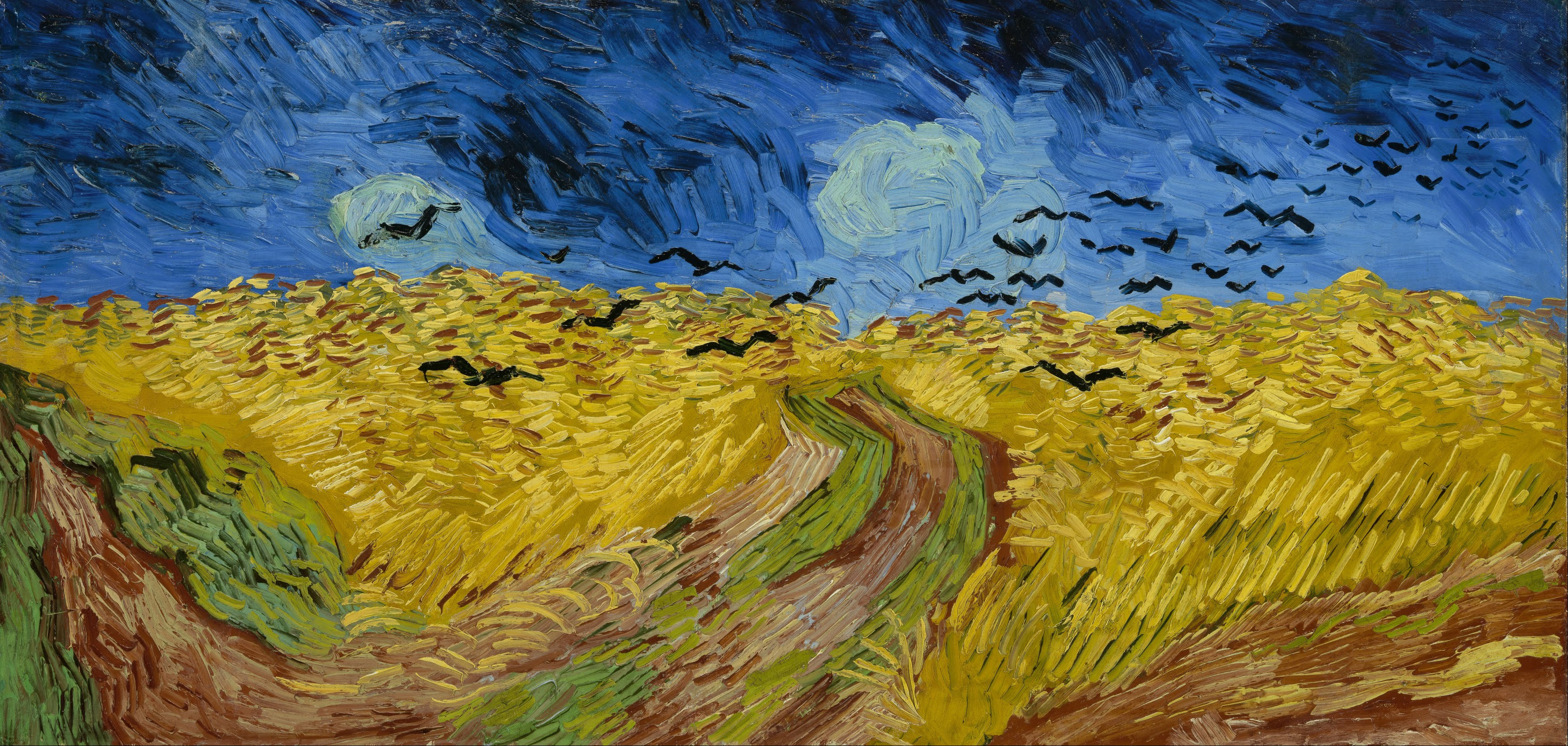 3508x1669  Van Gogh Museum, Amsterdam. An expansive painting of a  wheatfield, with a footpath going through the centre underneath dark