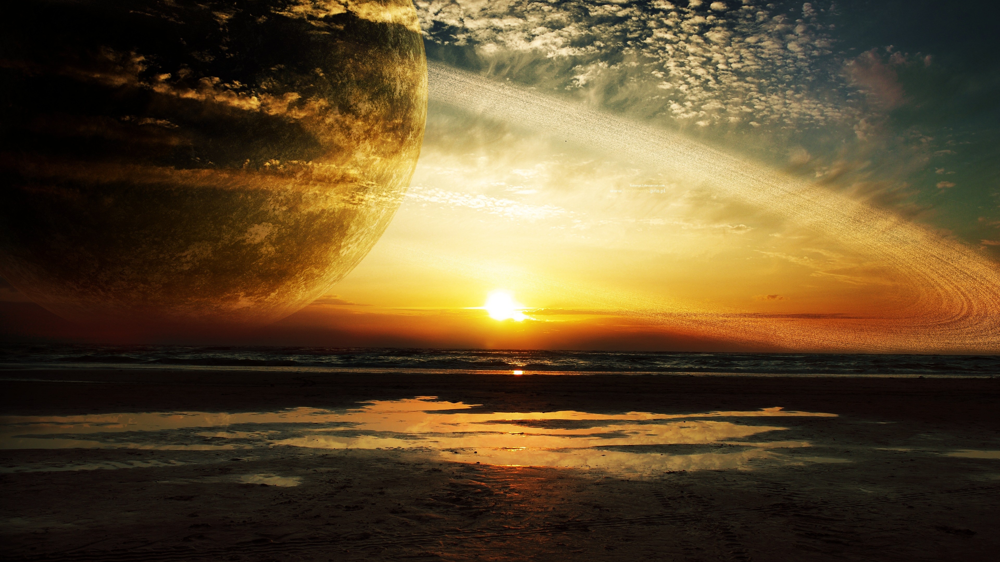 3840x2160 Preview wallpaper sunset, sea, rings, planet 
