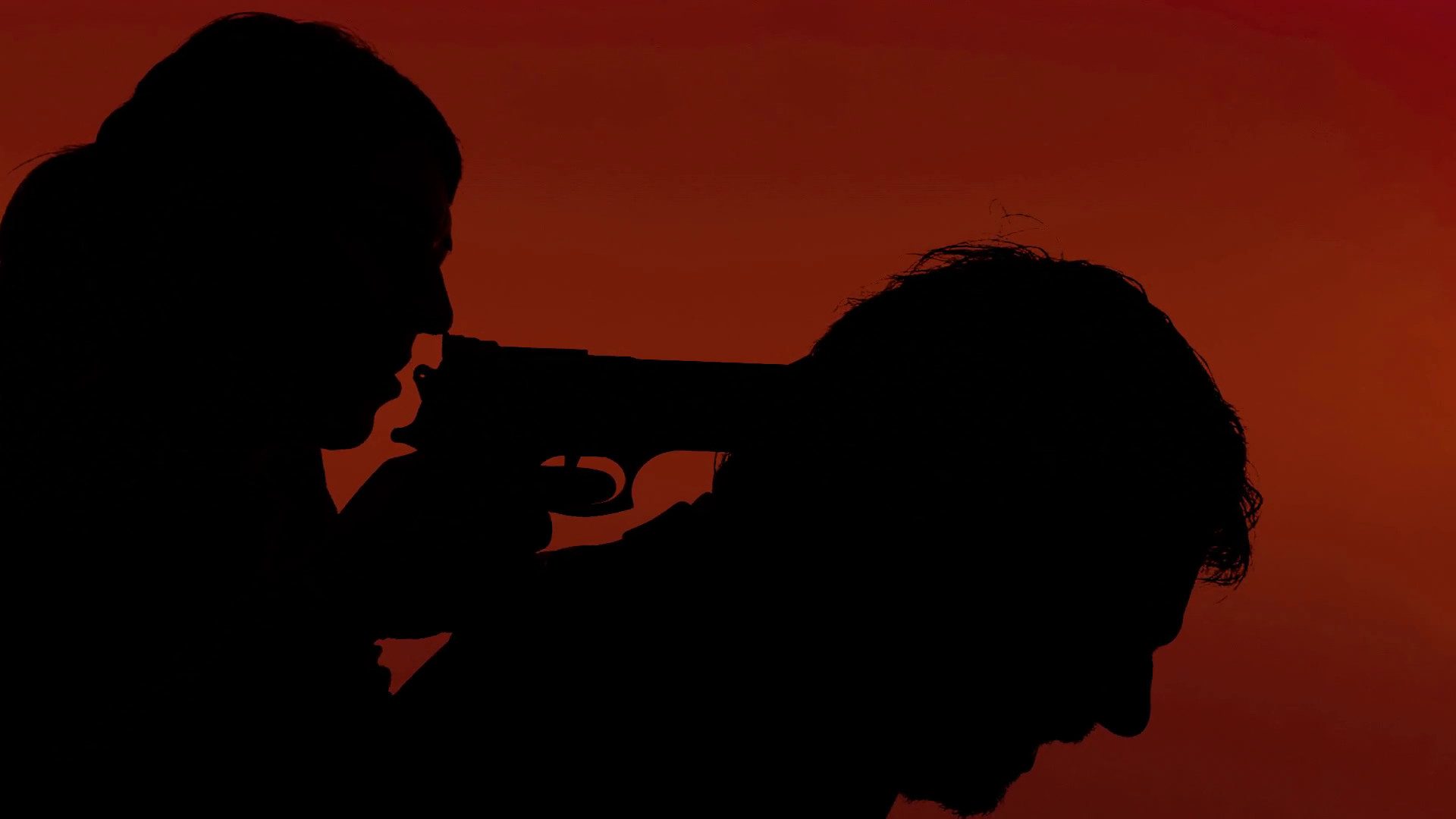 1920x1080 A killer (woman) pointing a handgun to the nape of a victim (man). Crime,  murder, violence. Silhouette shot on red background. Stock Video Footage -  ...