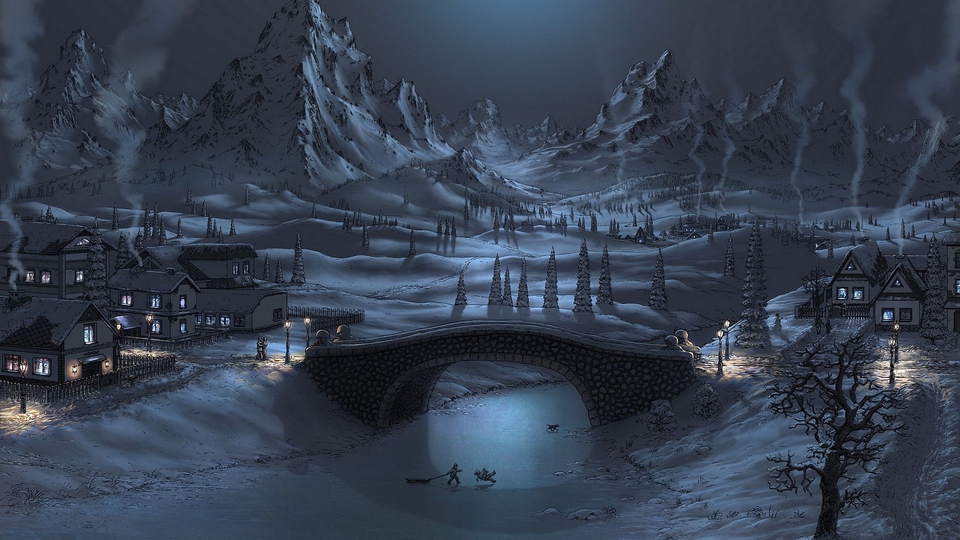1920x1080 winter snow night countryside artwork HD backgrounds - desktop wallpapers