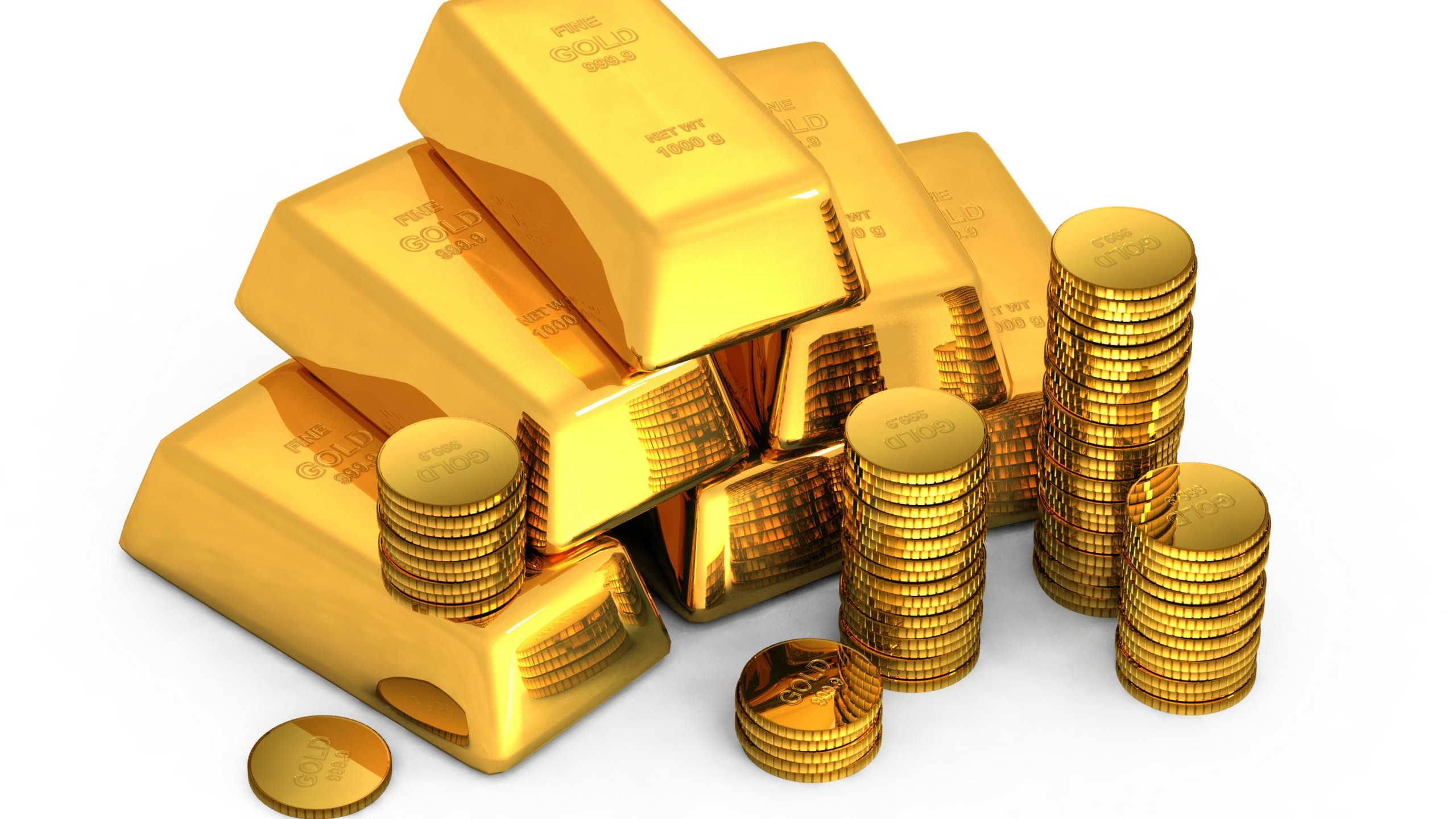 2560x1440  Wallpaper gold, bullion, coins, white background, money
