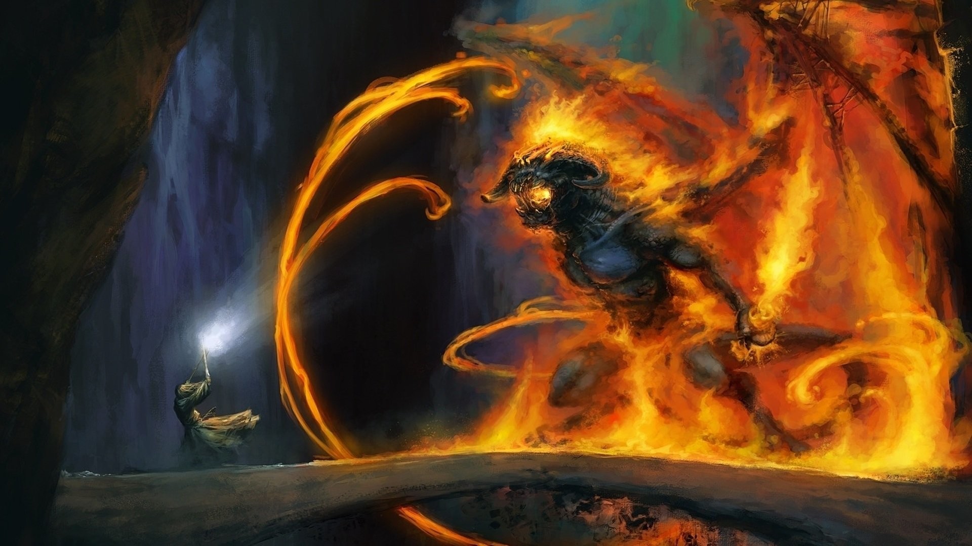 1920x1080 Fantasy - Lord of the Rings Wizard Demon Gandalf Balrog Painting Wallpaper