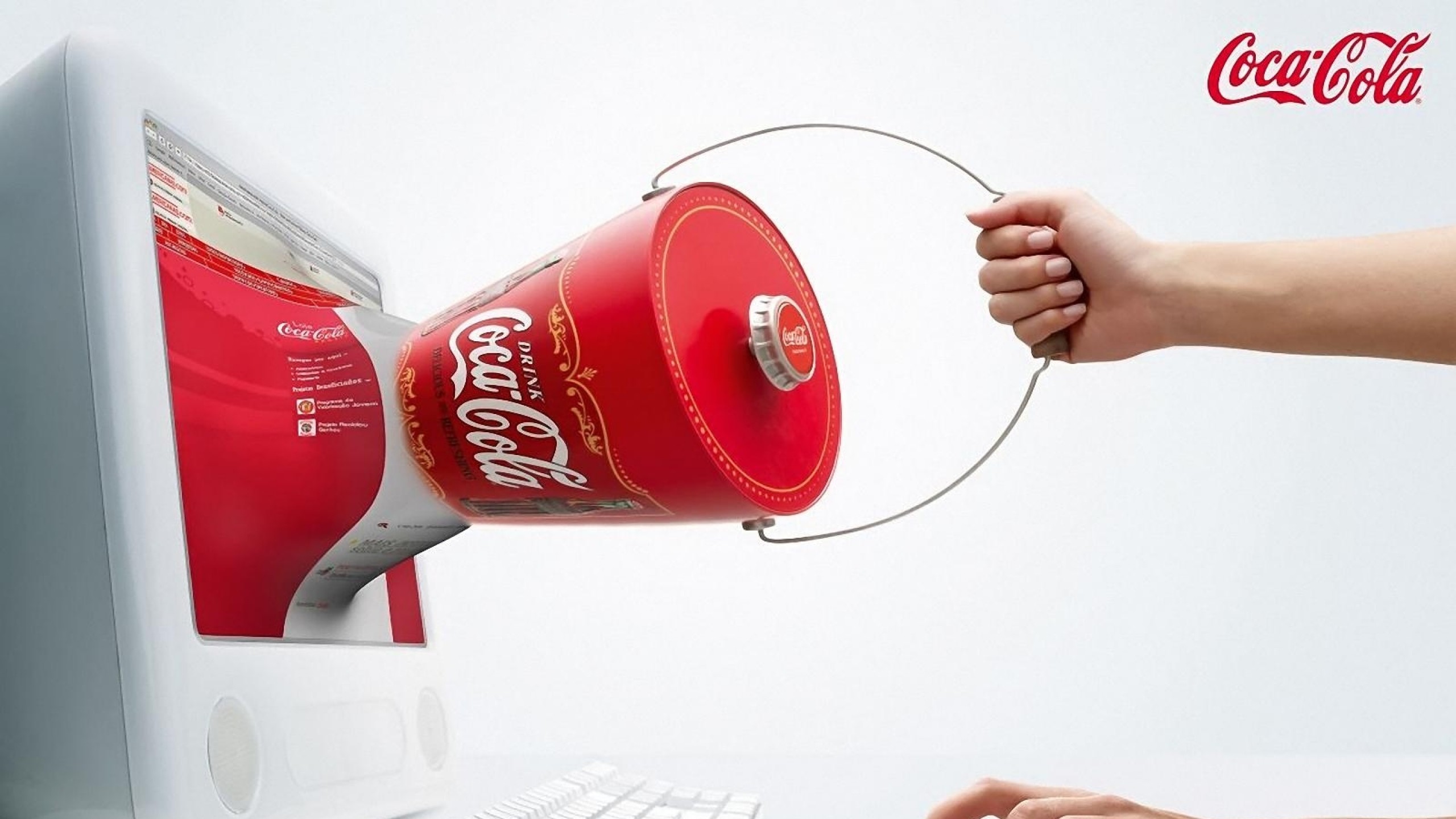 2560x1440  Wallpaper coca-cola, computer, monitor, hand, bucket