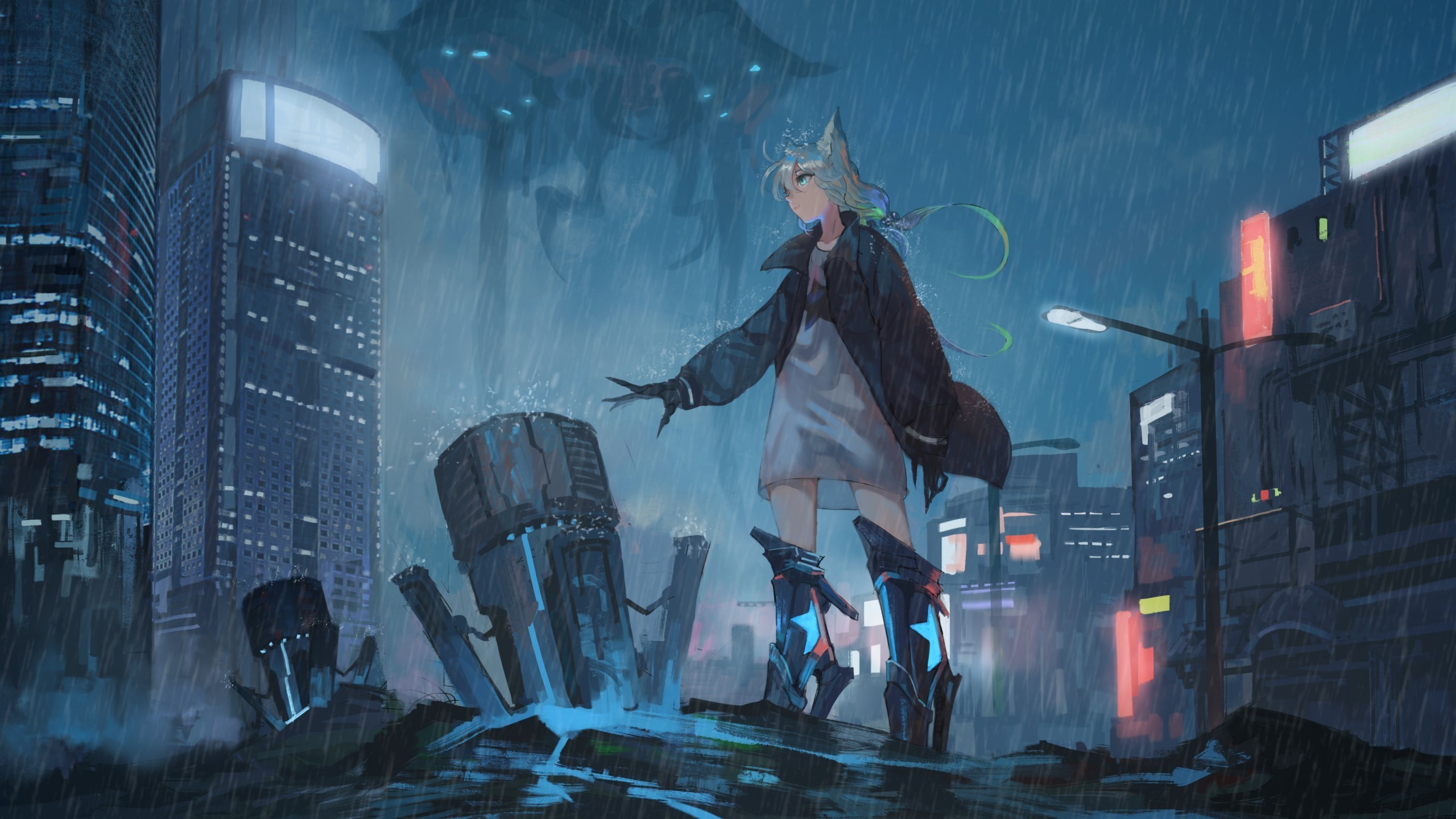 2560x1440 Anime Girl, Apocalypse, Alien Invasion, Raining, Futuristic, Sci-fi