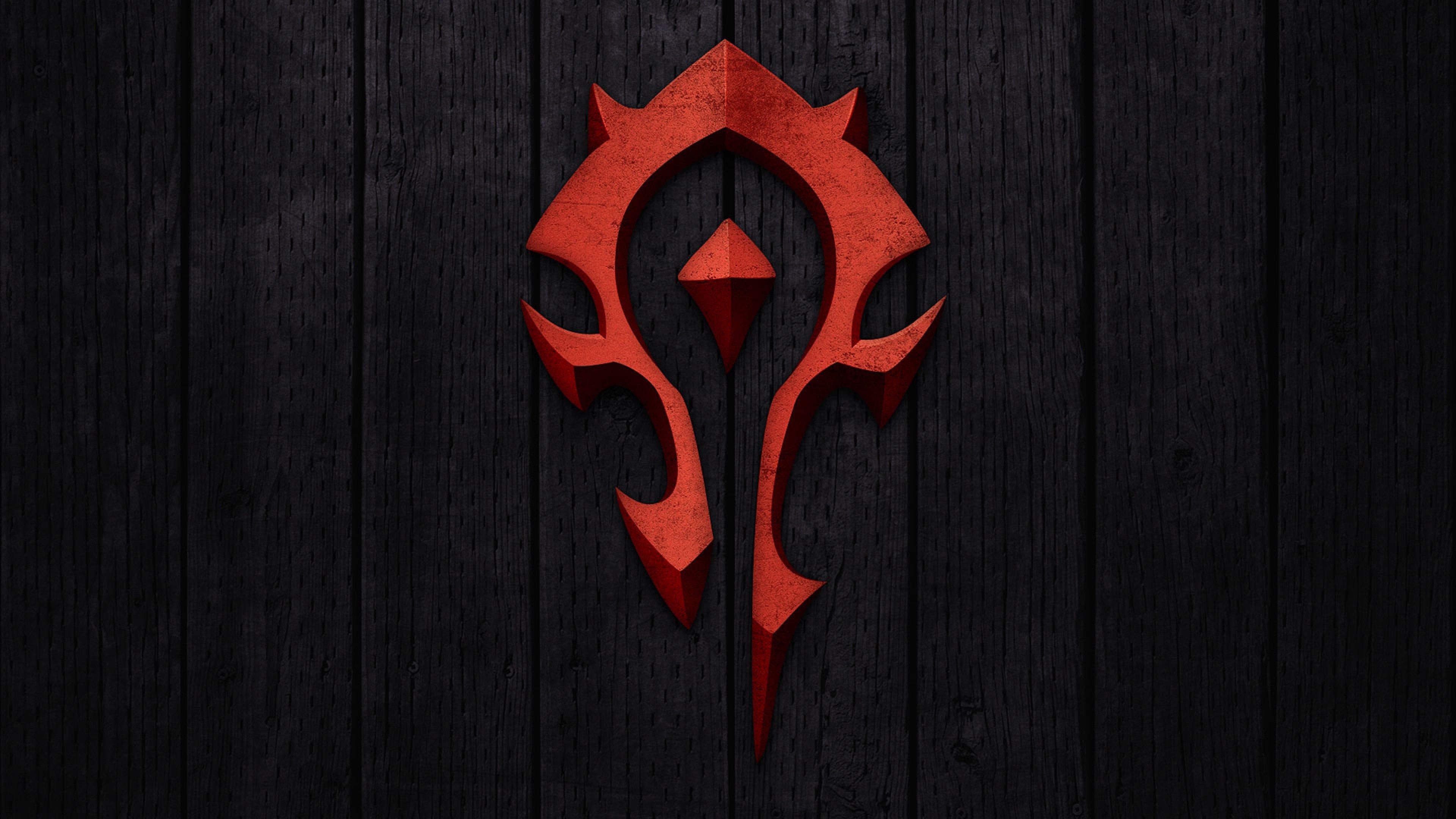 3840x2160 Preview wallpaper world of warcraft, horde, symbol, background, red  