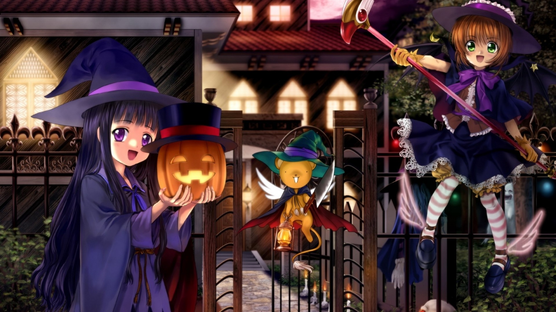 1920x1080  Wallpaper card captor sakura, girl, cute, witch, pumpkin, lights