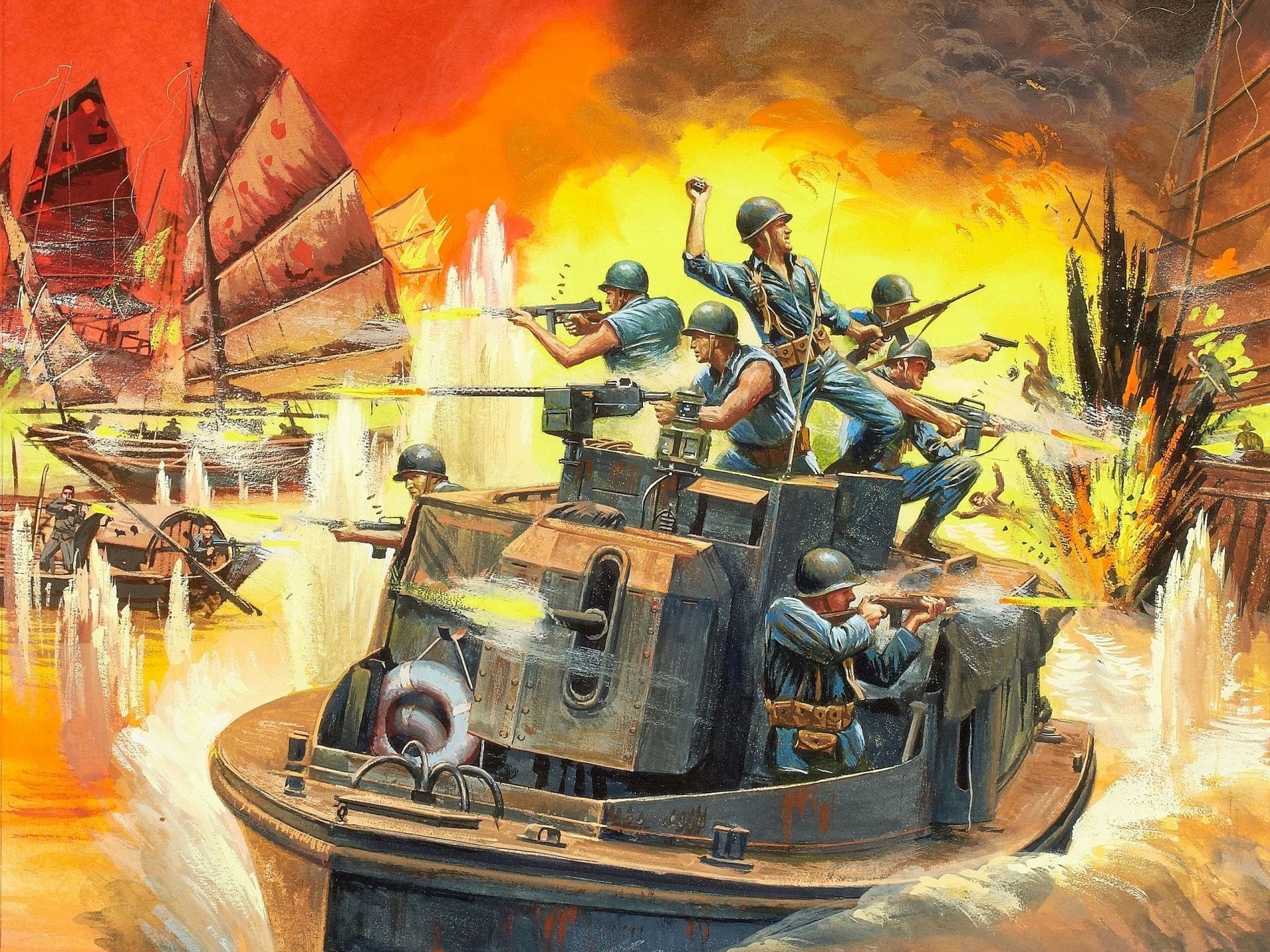 1920x1440 art vietnam mekong river armored boat men weapon shooting explosions fire  junks picture