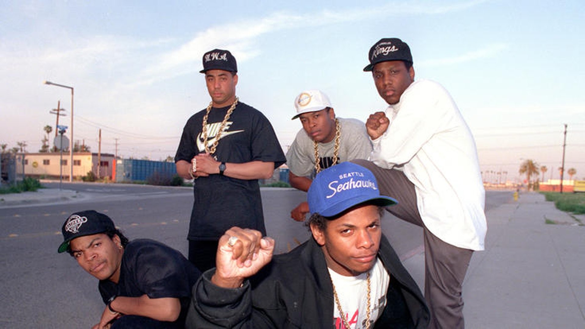 1920x1080 Members of rap group N.W.A are seen in this 1989 file photo. Back, from  left: D.J. Yella, Dr. Dre & MC Ren. Front, from left: Ice Cube and Easy E.  (Credit: ...