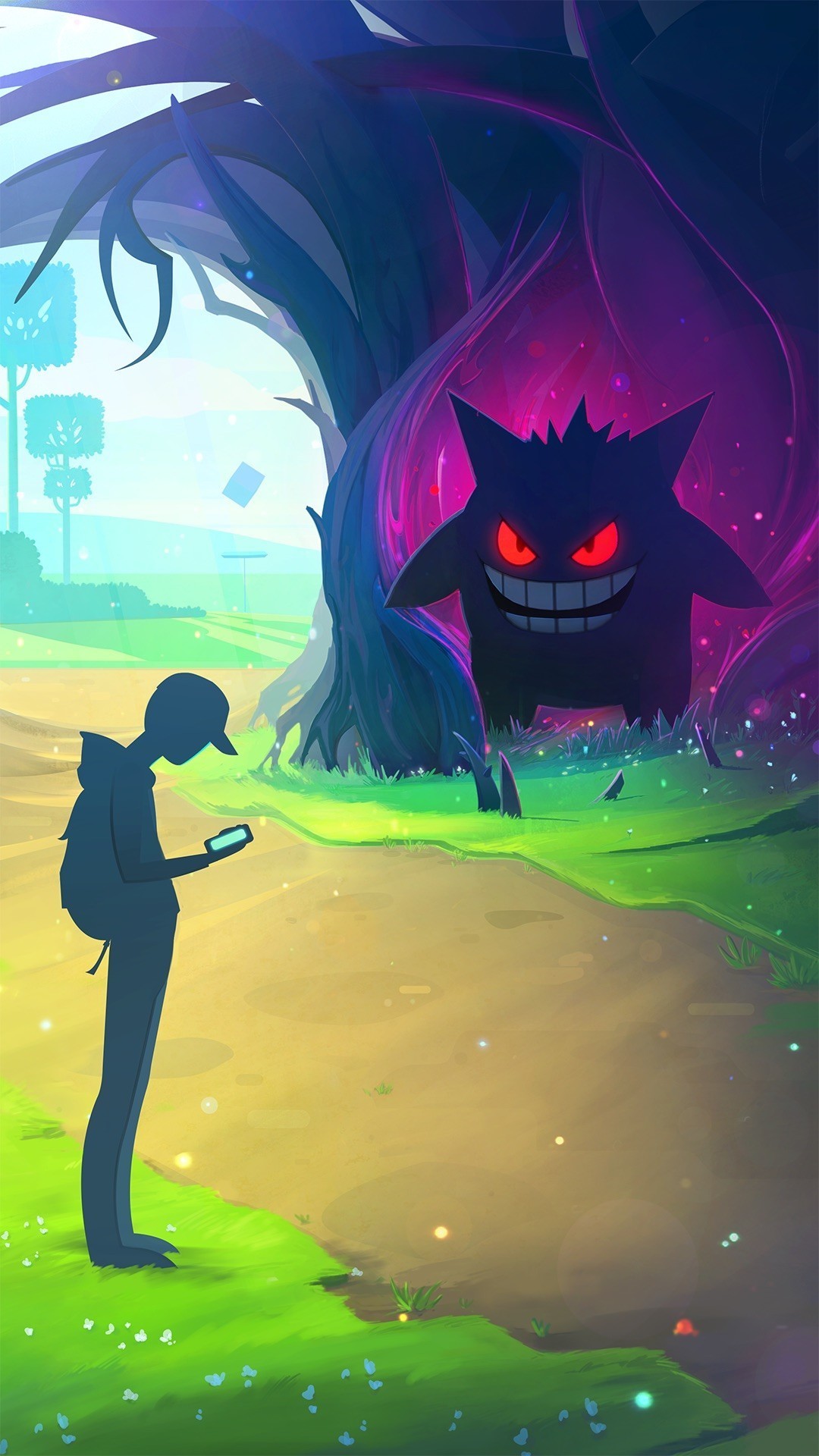 1080x1920 A trainer checks his Nearby radar while Gengar emerges, eyes glowing red,  from the ghostly bowels of an ancient PokÃ©mon tree.