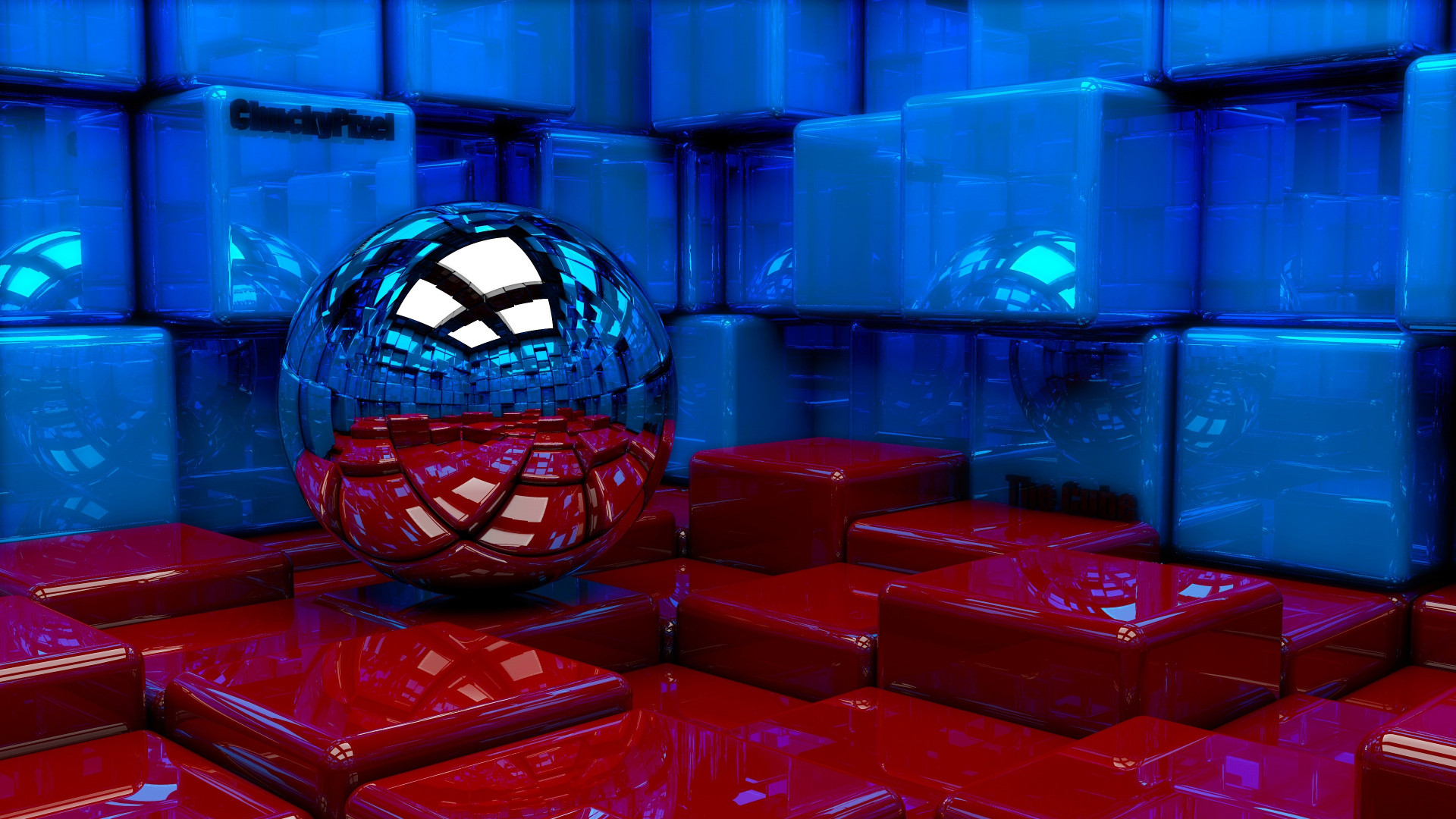 1920x1080 Preview wallpaper ball, cubes, metal, blue, red, reflection 